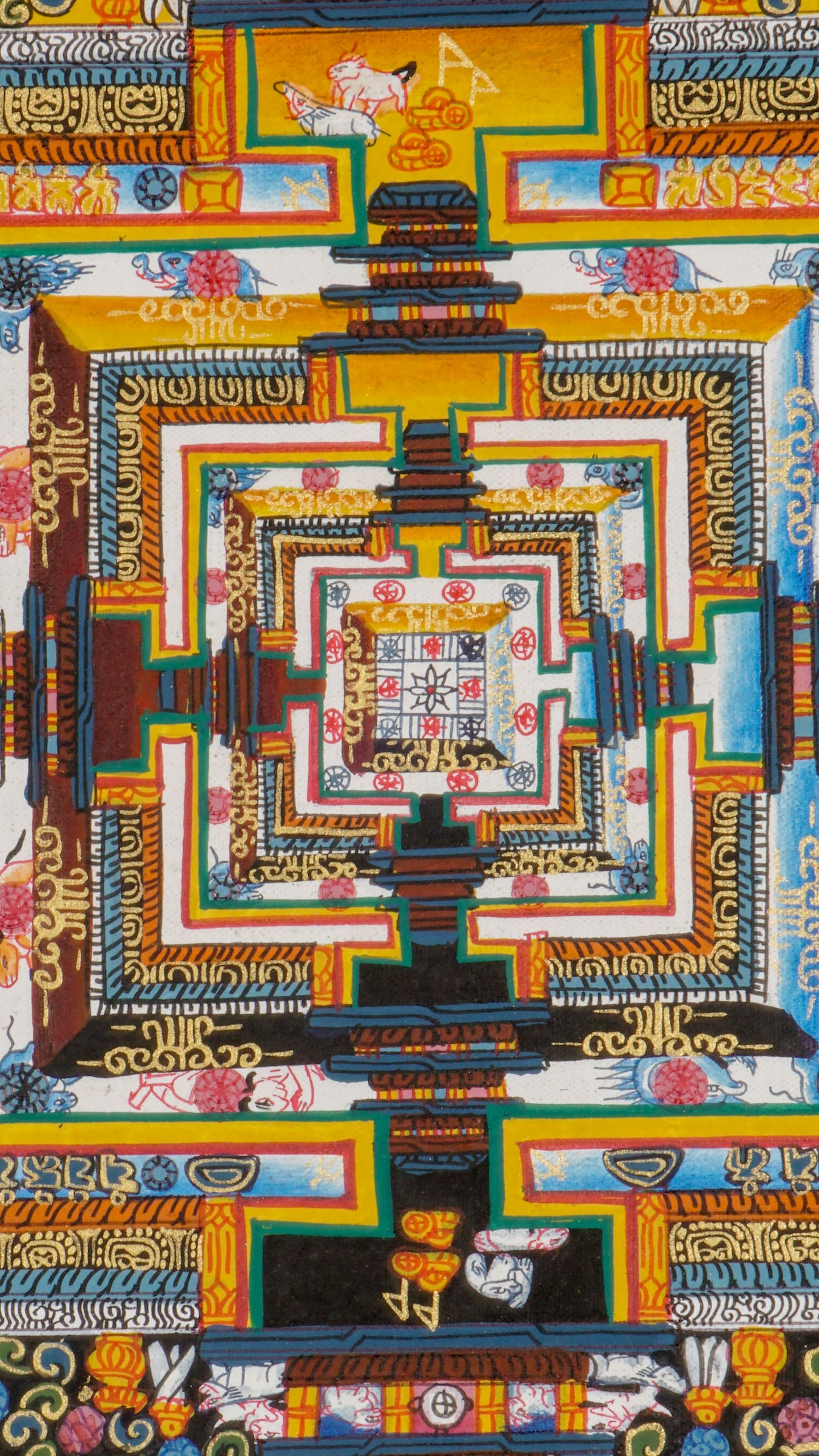 Kalachakra Mandala Thangka wall hanging with intricate hand-painted Wheel of Time design, vibrant colors, elemental circles, and numerous Tibetan Buddhist deities symbolizing wisdom, compassion, and spiritual enlightenment.