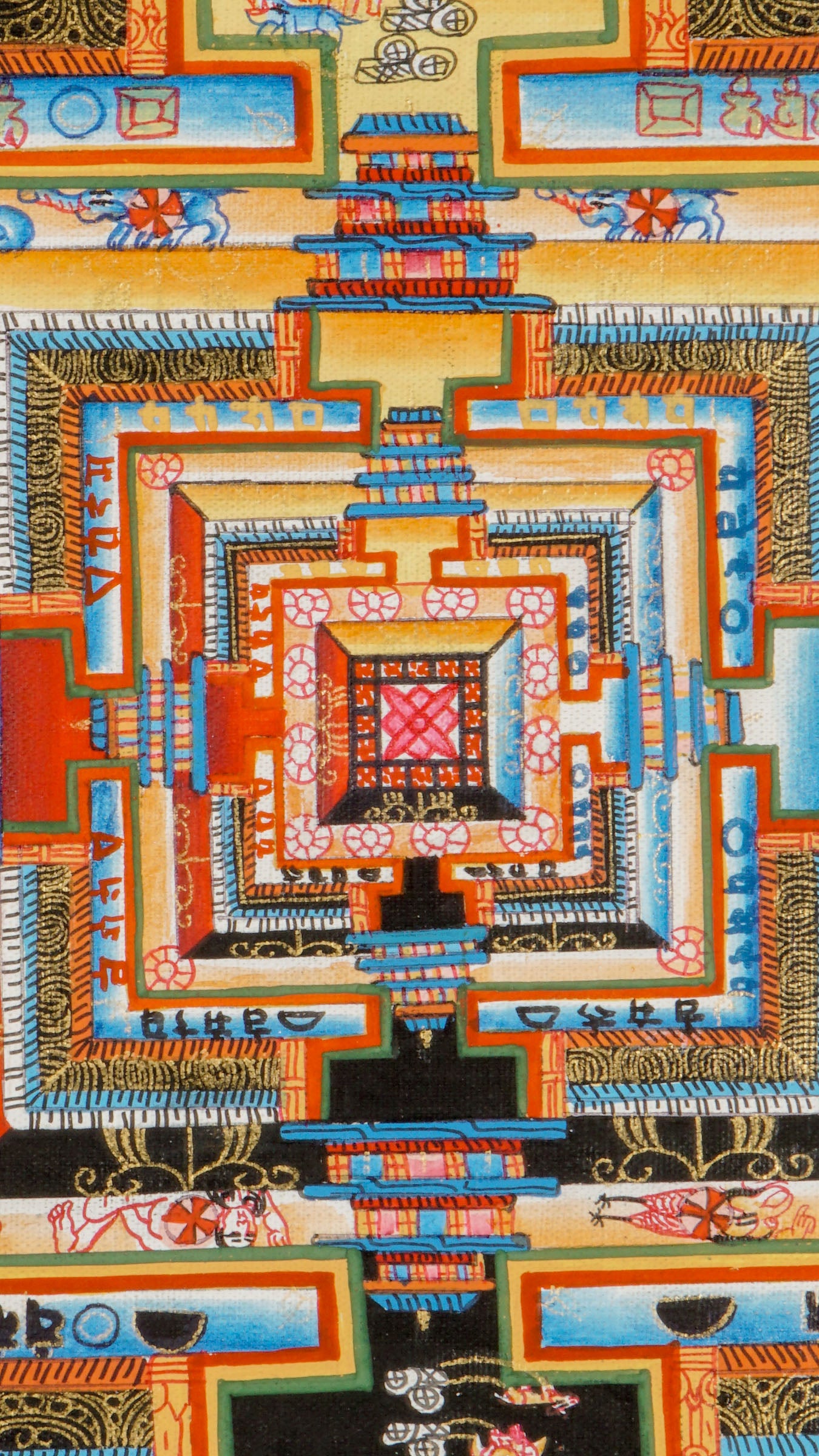 Hand-painted Kalachakra Mandala Thangka Wall Decor featuring intricate layers of the Wheel of Time, vibrant elemental circles, sacred deities, and geometric symbolism that reflect Tibetan Buddhist teachings on time, wisdom, and inner balance.