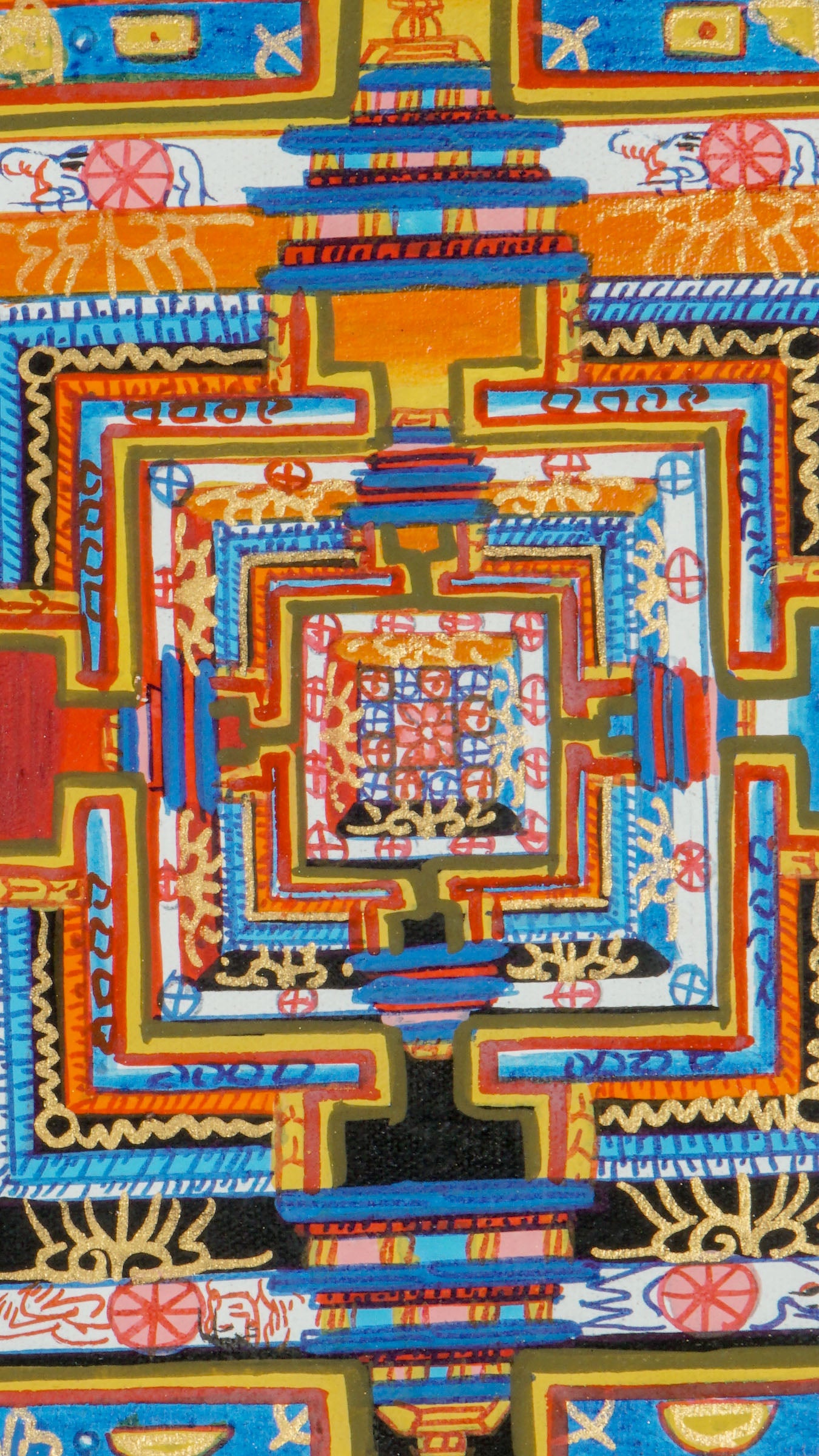 Kalachakra Mandala Thangka featuring the detailed Wheel of Time with vibrant colors and sacred symbols. This hand-painted piece highlights the five elements, Dhyani Buddhas, and numerous deities. Crafted on cotton canvas, it is perfect for meditation and spiritual decor.