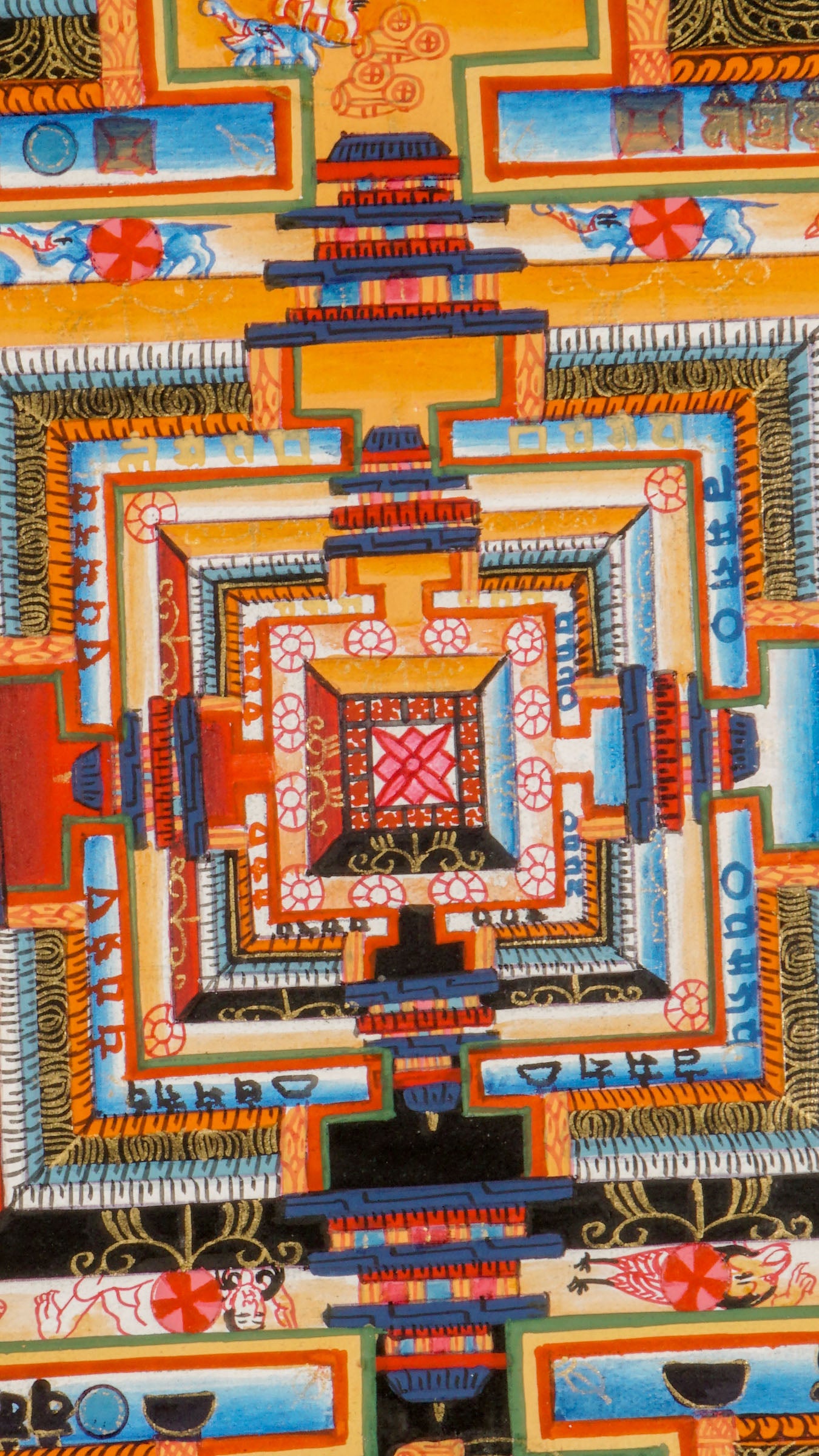 Kalachakra Mandala Thangka featuring intricate geometric patterns and vibrant colors, symbolizing Buddhist teachings on time, meditation, and cosmic balance, handcrafted in traditional Tibetan style for mindfulness and spiritual awakening.