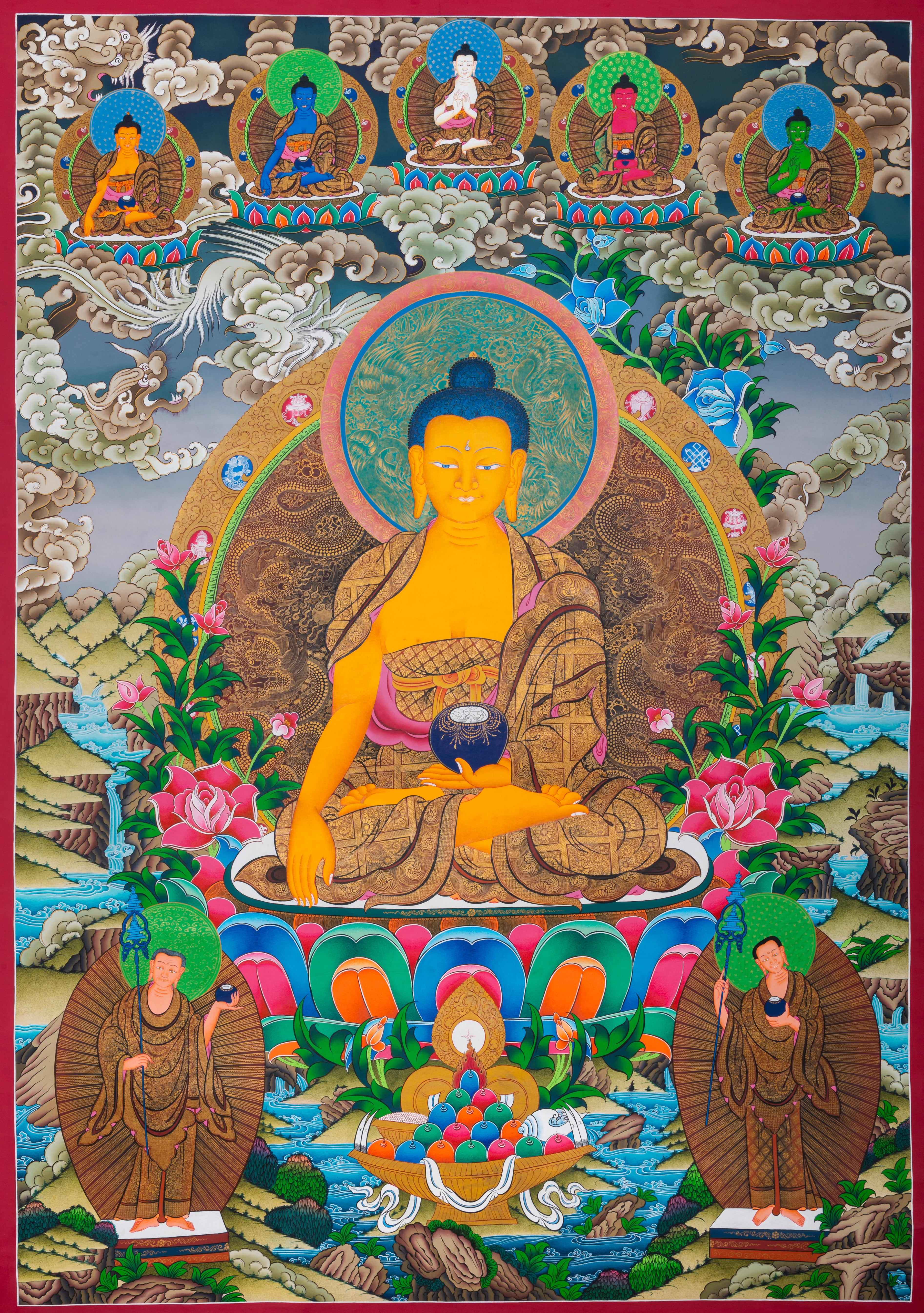 Tibetan Buddhist thangka painting of Shakyamuni Buddha seated in meditation posture on a multicolored lotus throne, holding an alms bowl in his lap with hands in dhyana mudra, surrounded by lush floral motifs and mountainous landscape, with attendant disciples below and five transcendent Buddhas appearing above in cloud mandorlas, finely hand-painted in traditional Tibetan style using natural mineral pigments.