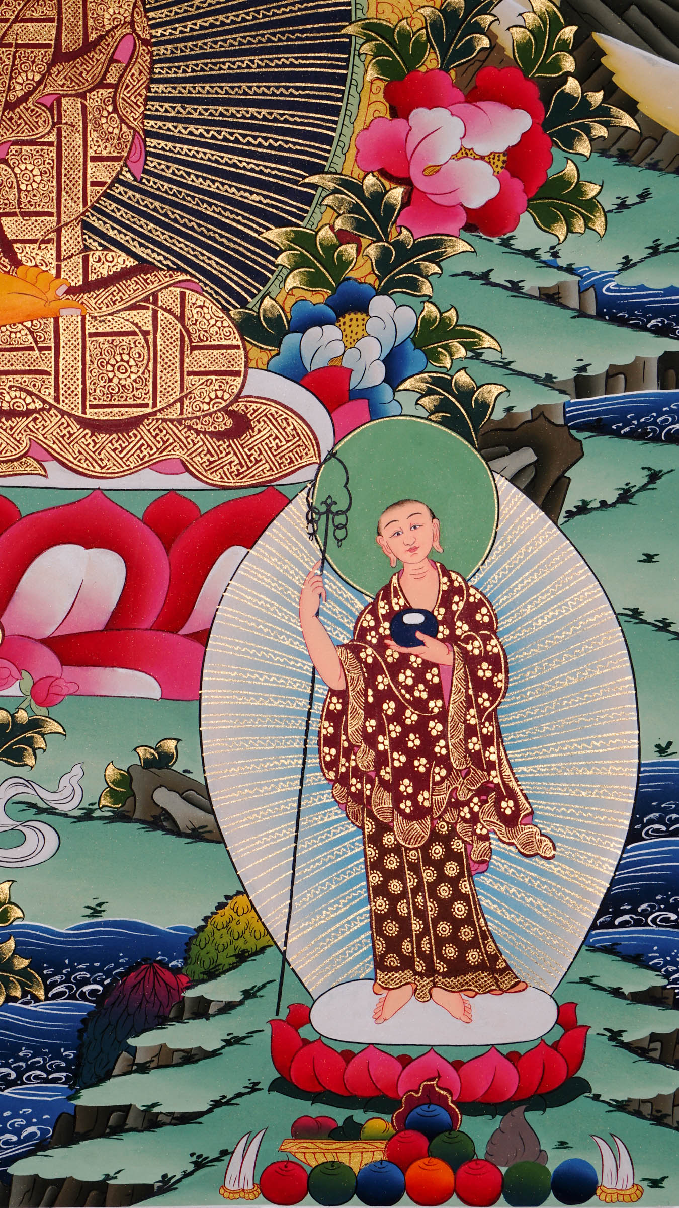 Hand-painted Shakyamuni Buddha thangka from Kathmandu, Nepal, seated on a lotus throne in vajra asana with halo, holding a begging bowl, right hand in Bhumisparsha Mudra, Five Dhyani Buddhas above, and two disciples below, adorned with 24k gold and traditional Tibetan motifs.