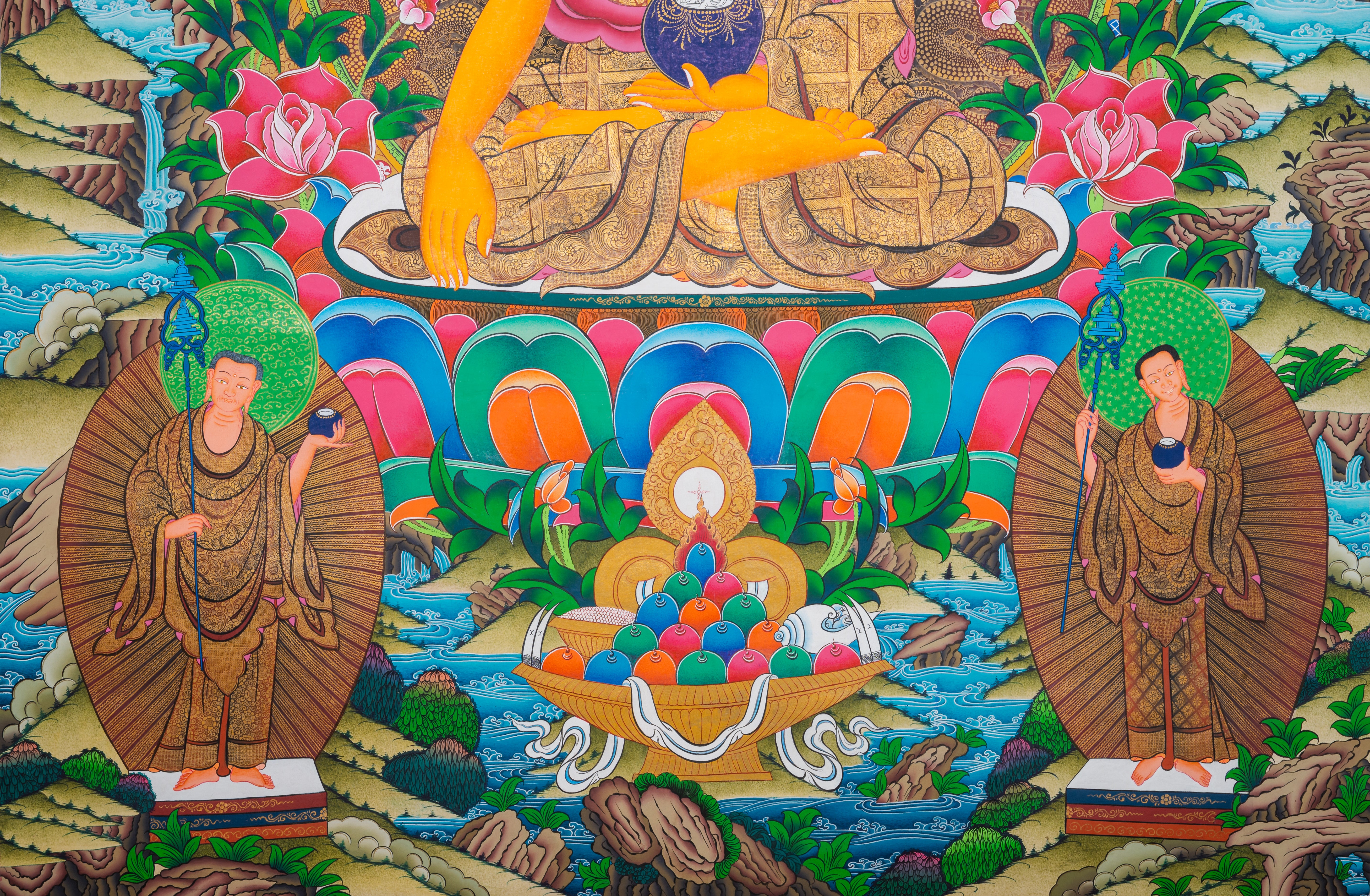 Tibetan Buddhist thangka painting of Shakyamuni Buddha seated in meditation posture on a multicolored lotus throne, holding an alms bowl in his lap with hands in dhyana mudra, surrounded by lush floral motifs and mountainous landscape, with attendant disciples below and five transcendent Buddhas appearing above in cloud mandorlas, finely hand-painted in traditional Tibetan style using natural mineral pigments.