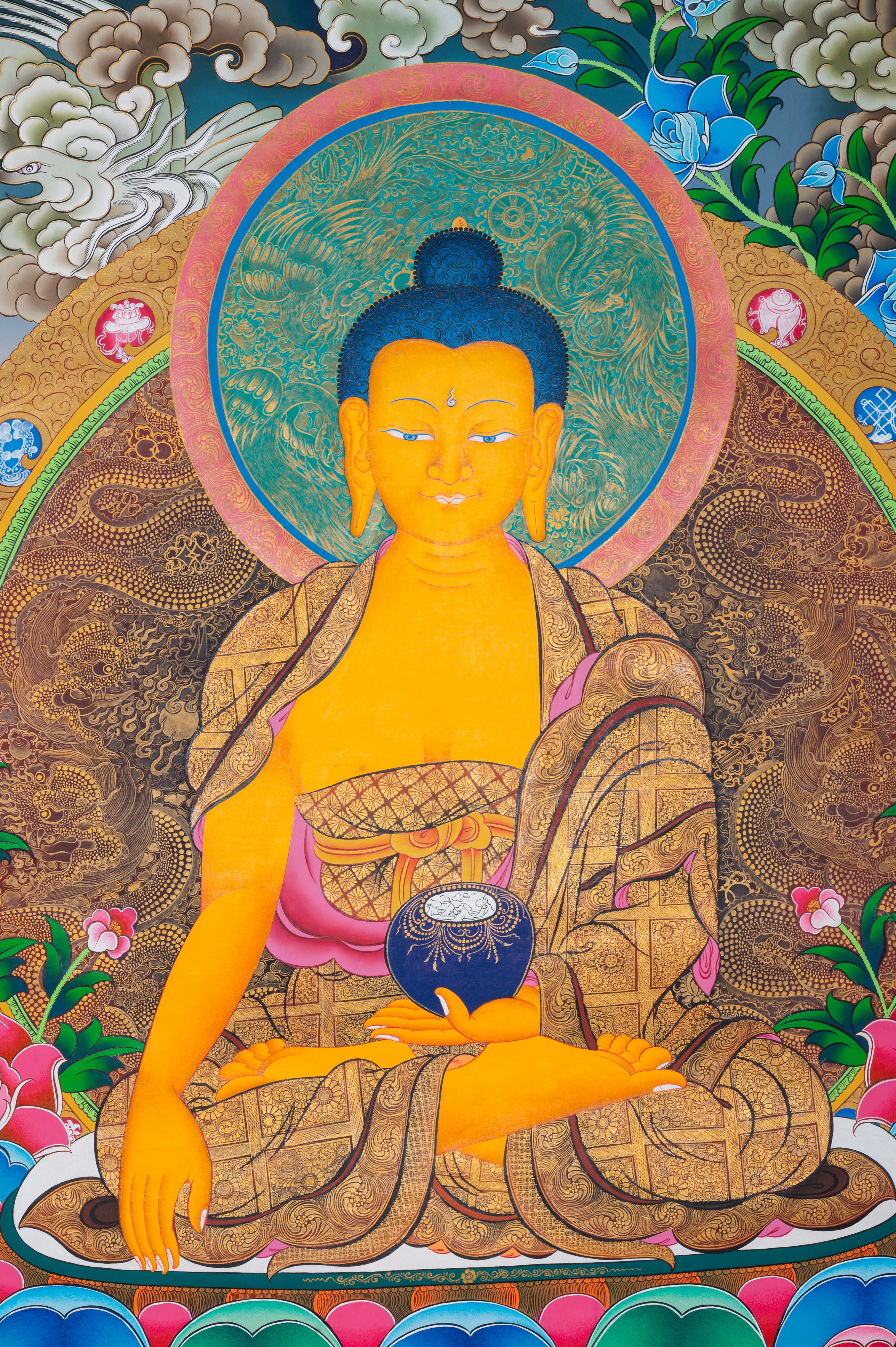 Tibetan Buddhist thangka painting of Shakyamuni Buddha seated in meditation posture on a multicolored lotus throne, holding an alms bowl in his lap with hands in dhyana mudra, surrounded by lush floral motifs and mountainous landscape, with attendant disciples below and five transcendent Buddhas appearing above in cloud mandorlas, finely hand-painted in traditional Tibetan style using natural mineral pigments.