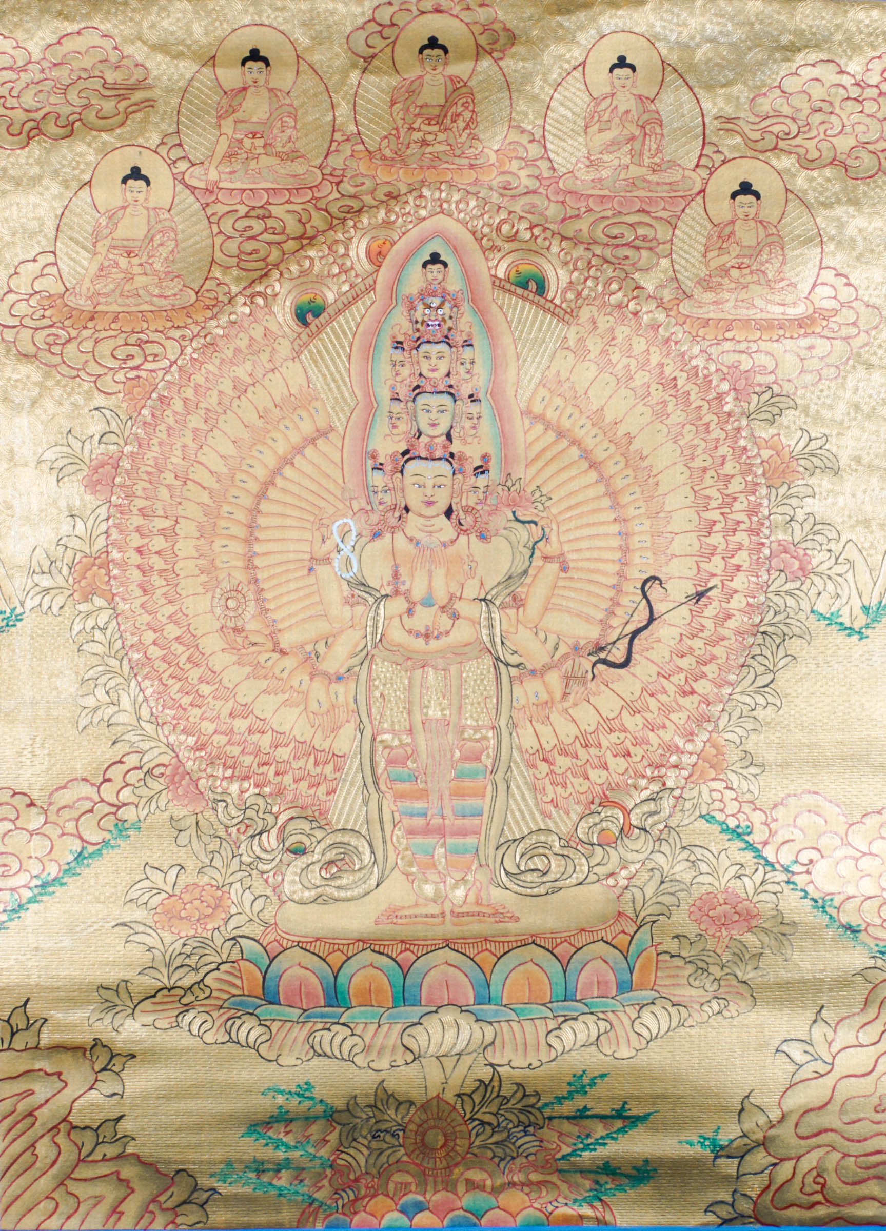 A genuine Tibetan Buddhism Thangka depicting Avalokiteshvara, the embodiment of compassion. Handcrafted with care, perfect for spiritual home decor. 