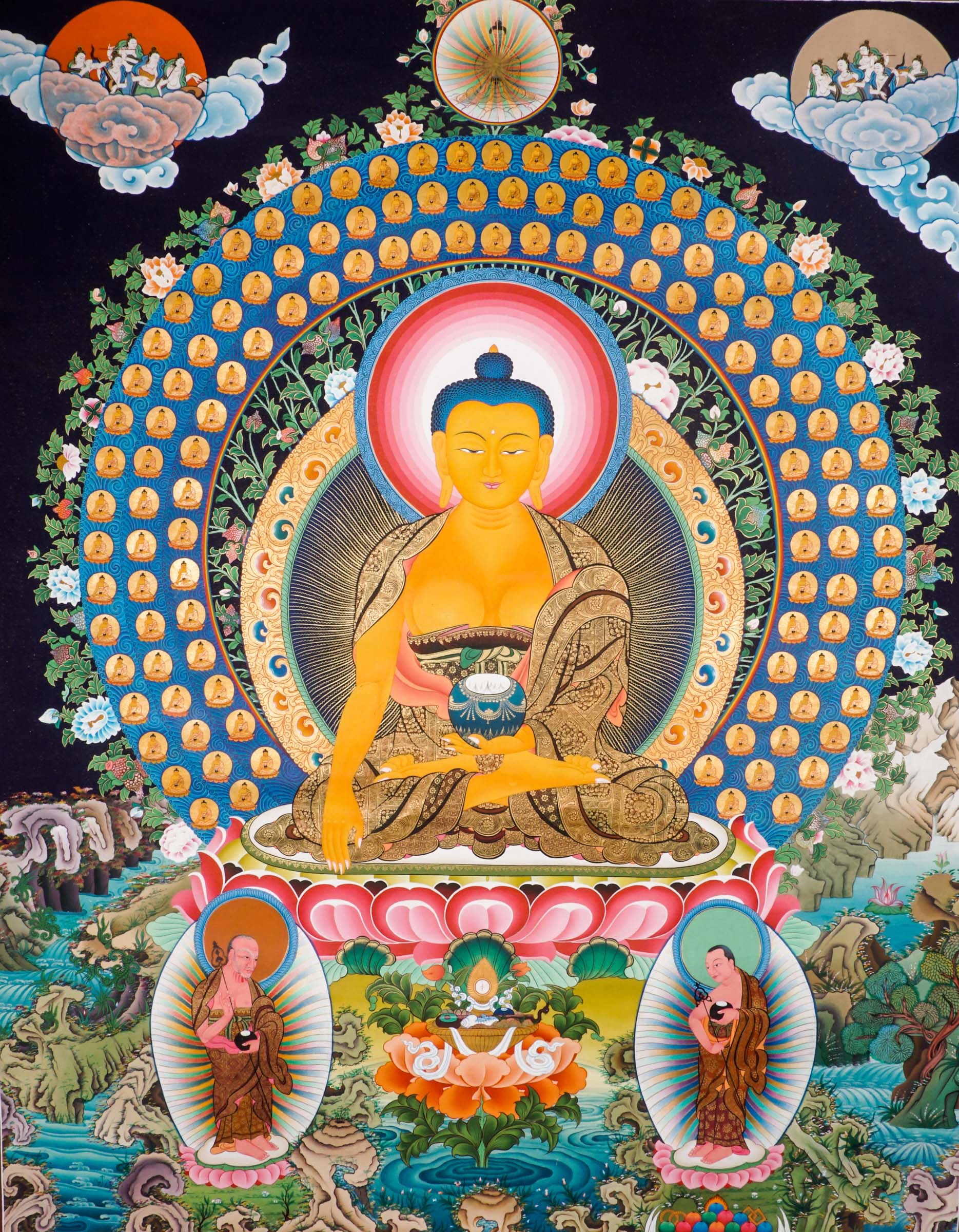 Hand-painted 108 Buddha thangka featuring a central Shakyamuni Buddha seated on a lotus throne, surrounded by 108 small golden Buddhas arranged in sacred mandala formation.