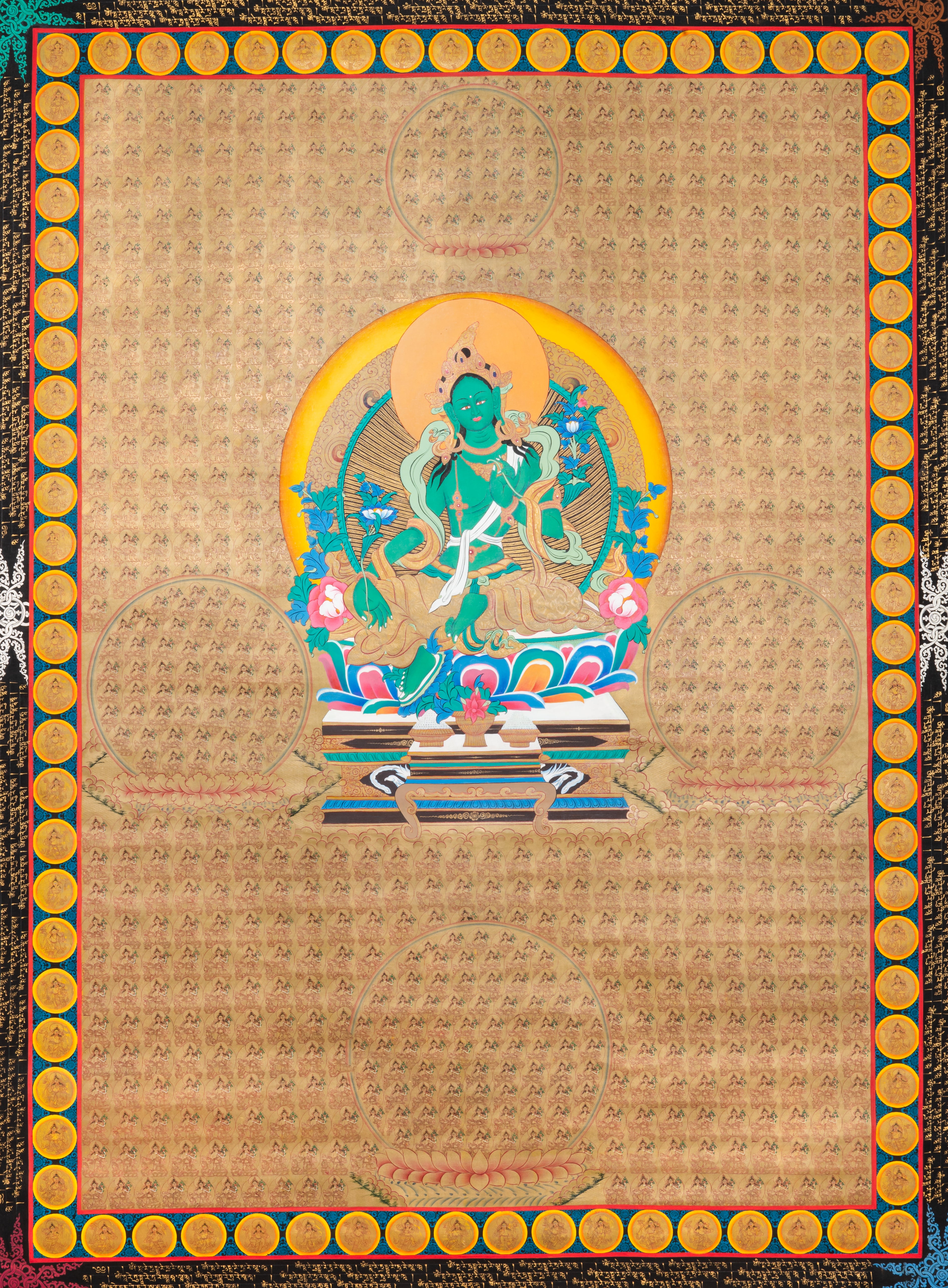 1000 Green Tara thangka painting with central Green Tara surrounded by lotus circles filled with mini Green Taras in traditional Tibetan style.