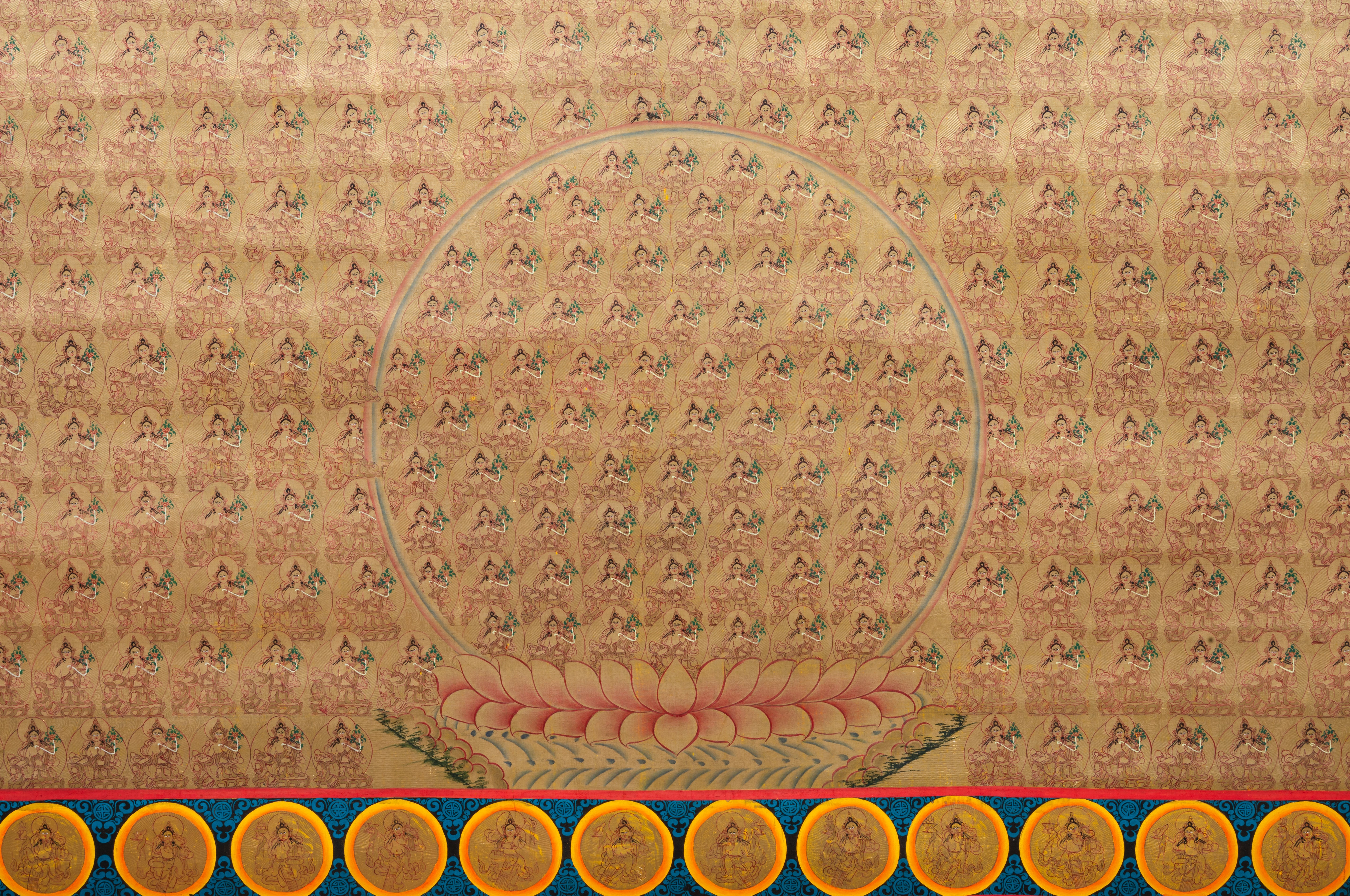 1000 Green Tara thangka painting with central Green Tara surrounded by lotus circles filled with mini Green Taras in traditional Tibetan style.