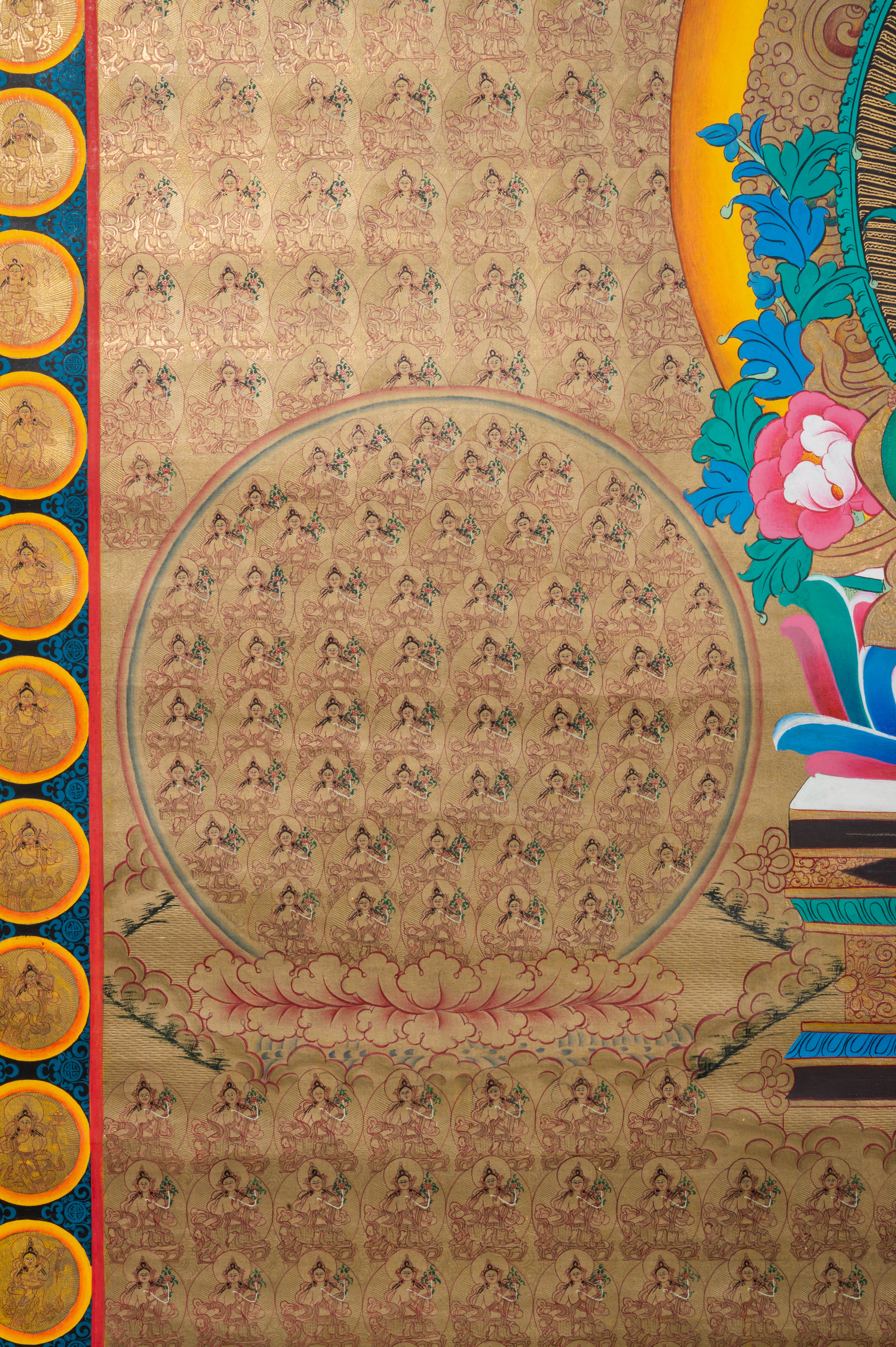 1000 Green Tara thangka painting with central Green Tara surrounded by lotus circles filled with mini Green Taras in traditional Tibetan style.