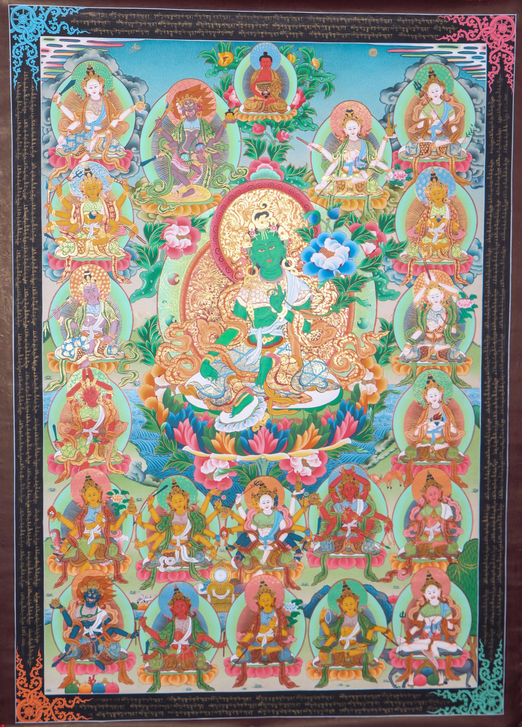 This 21 Tara Thangka is a genuine hand-painted masterpiece that honors the 21 forms of Tara, the compassionate female Bodhisattva known for protection and swift assistance. Rich in spiritual symbolism and crafted with traditional pigments, it serves as a powerful aid for meditation, mantra recitation, and deep devotional practice.