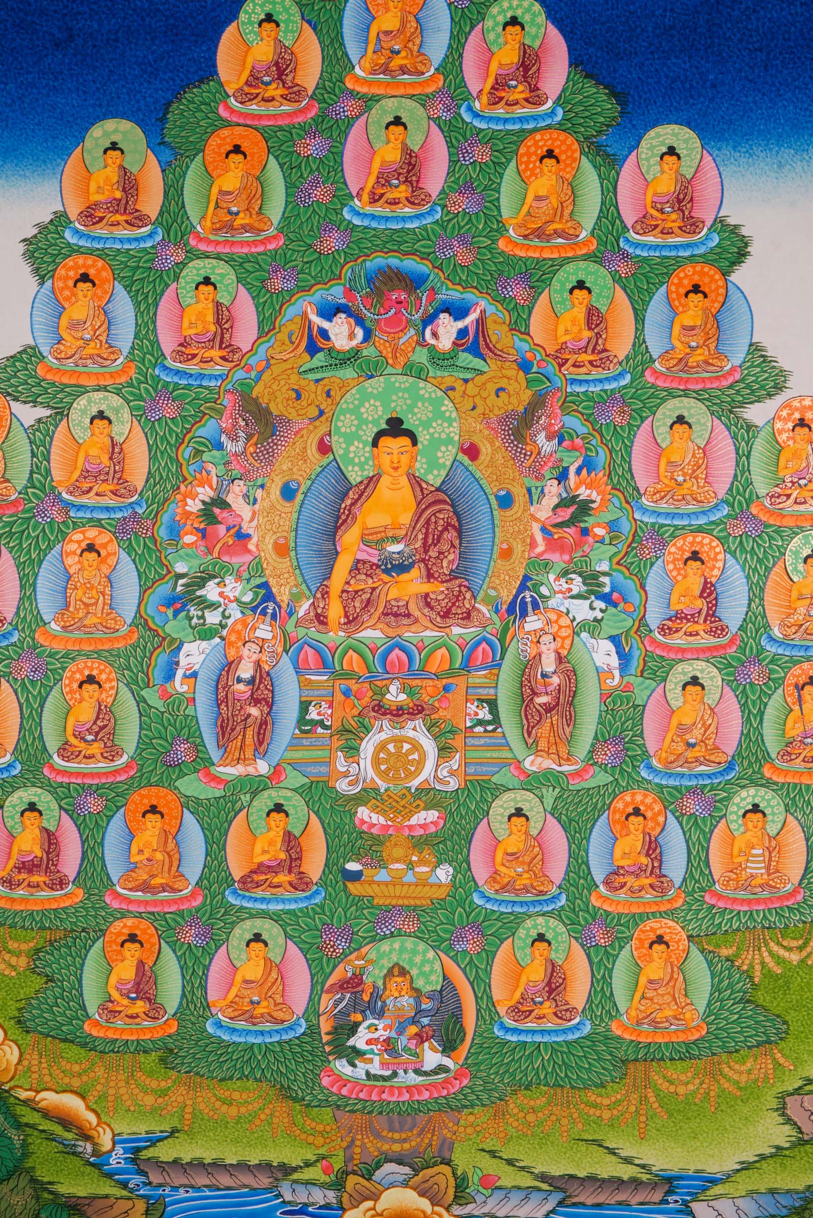 A beautifully hand-painted artwork showcasing 35 Buddha in a tree.