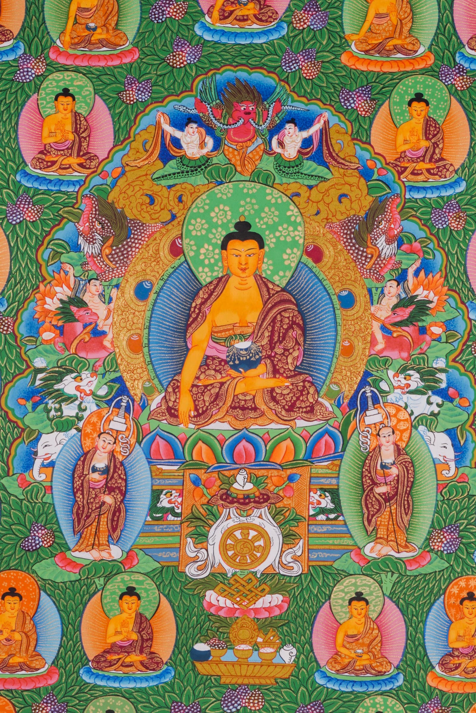 A beautifully hand-painted artwork showcasing 35 Buddha in a tree.