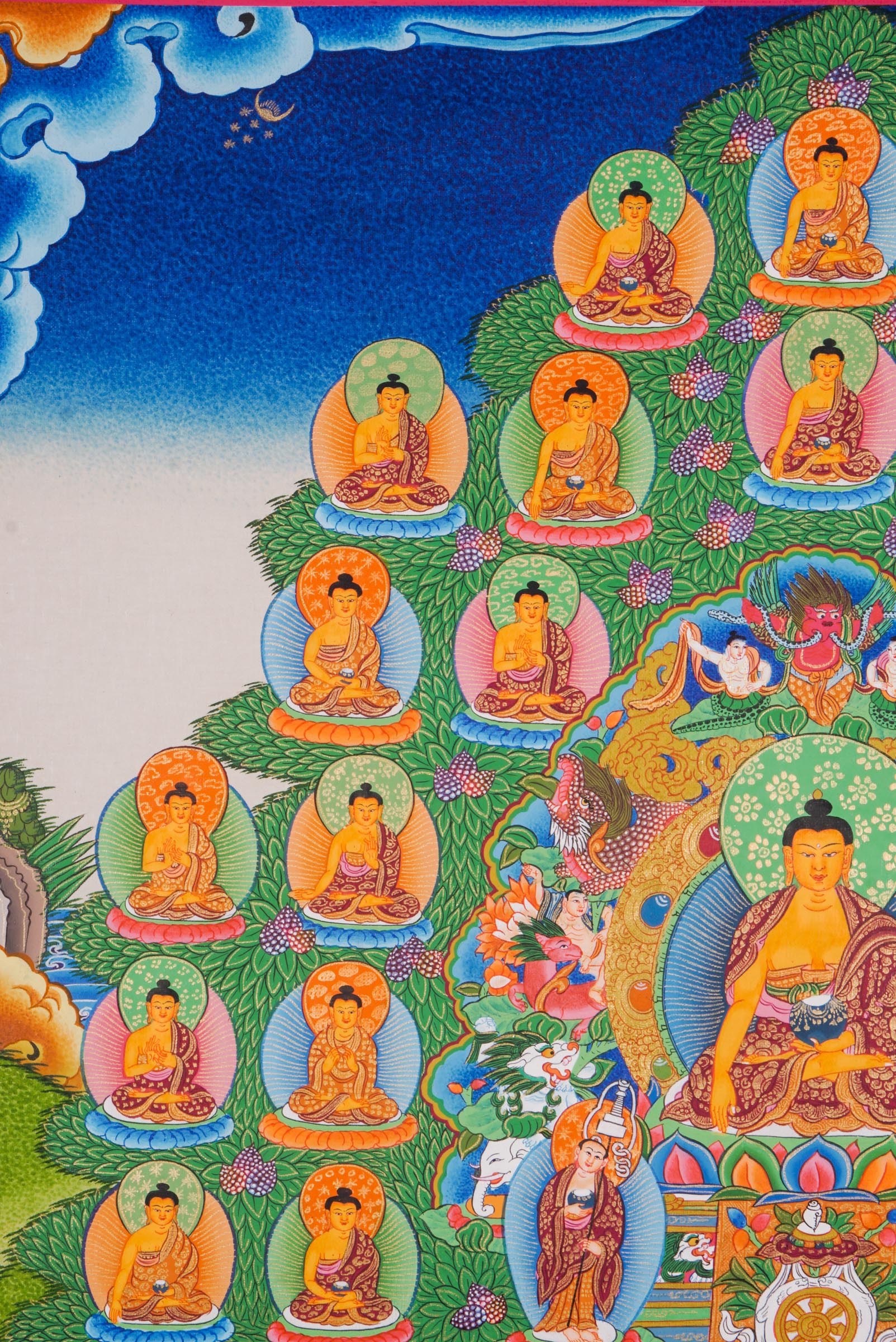 A beautifully hand-painted artwork showcasing 35 Buddha in a tree.