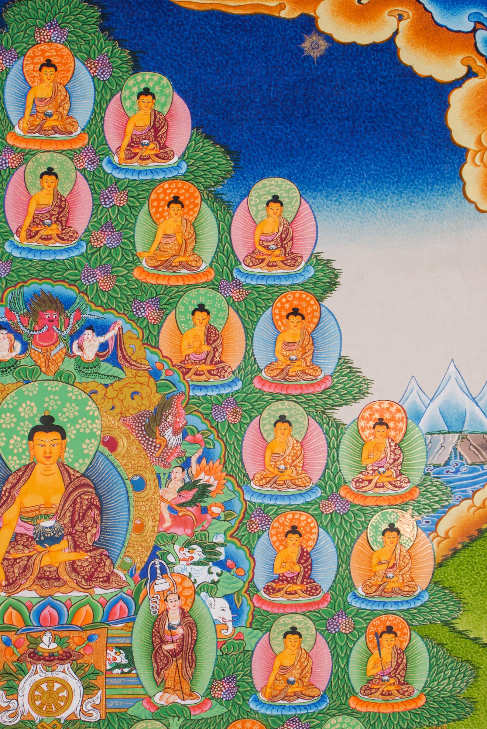 A beautifully hand-painted artwork showcasing 35 Buddha in a tree.