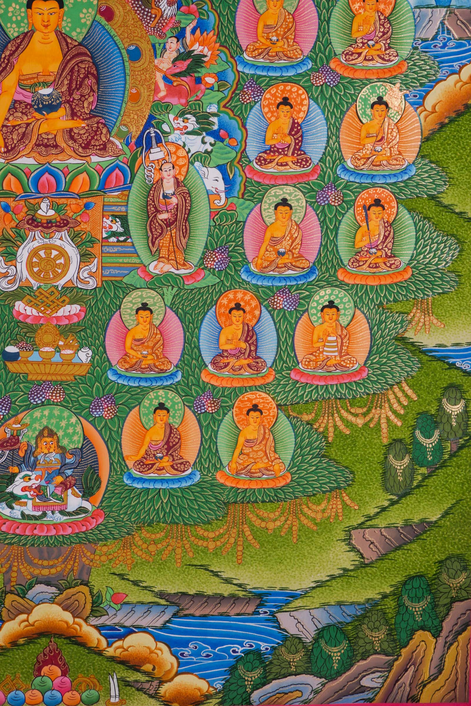 A beautifully hand-painted artwork showcasing 35 Buddha in a tree.