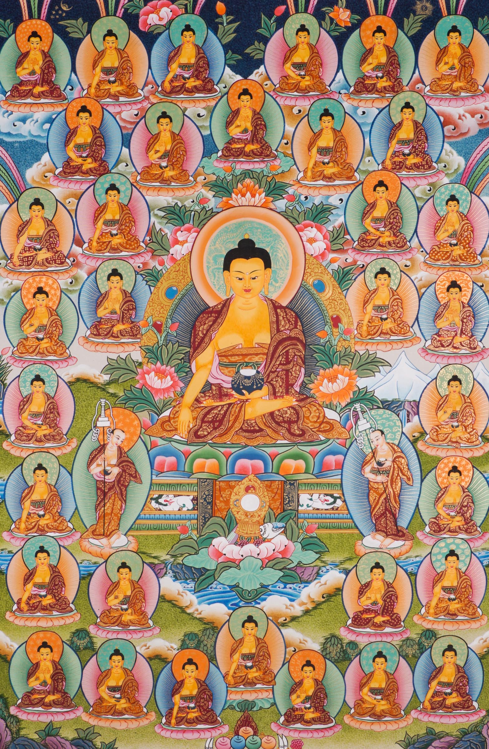 A sacred thangka art of 35 Buddha Buddha’s dedicated efforts to bring enlightenment, Handpainted in Nepal.