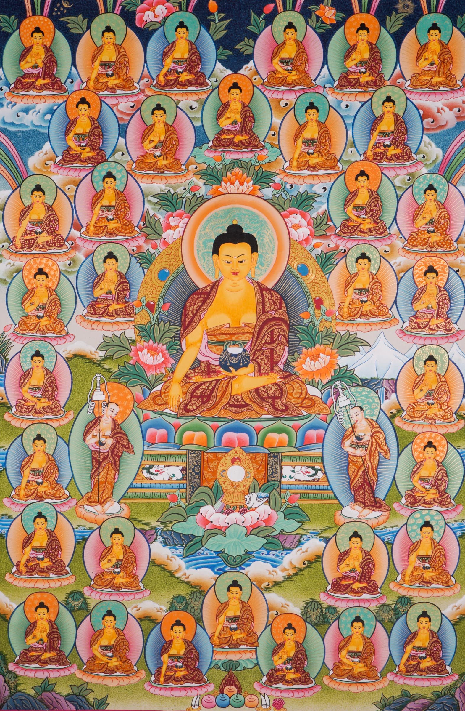 A sacred thangka art of 35 Buddha Buddha’s dedicated efforts to bring enlightenment, Handpainted in Nepal.