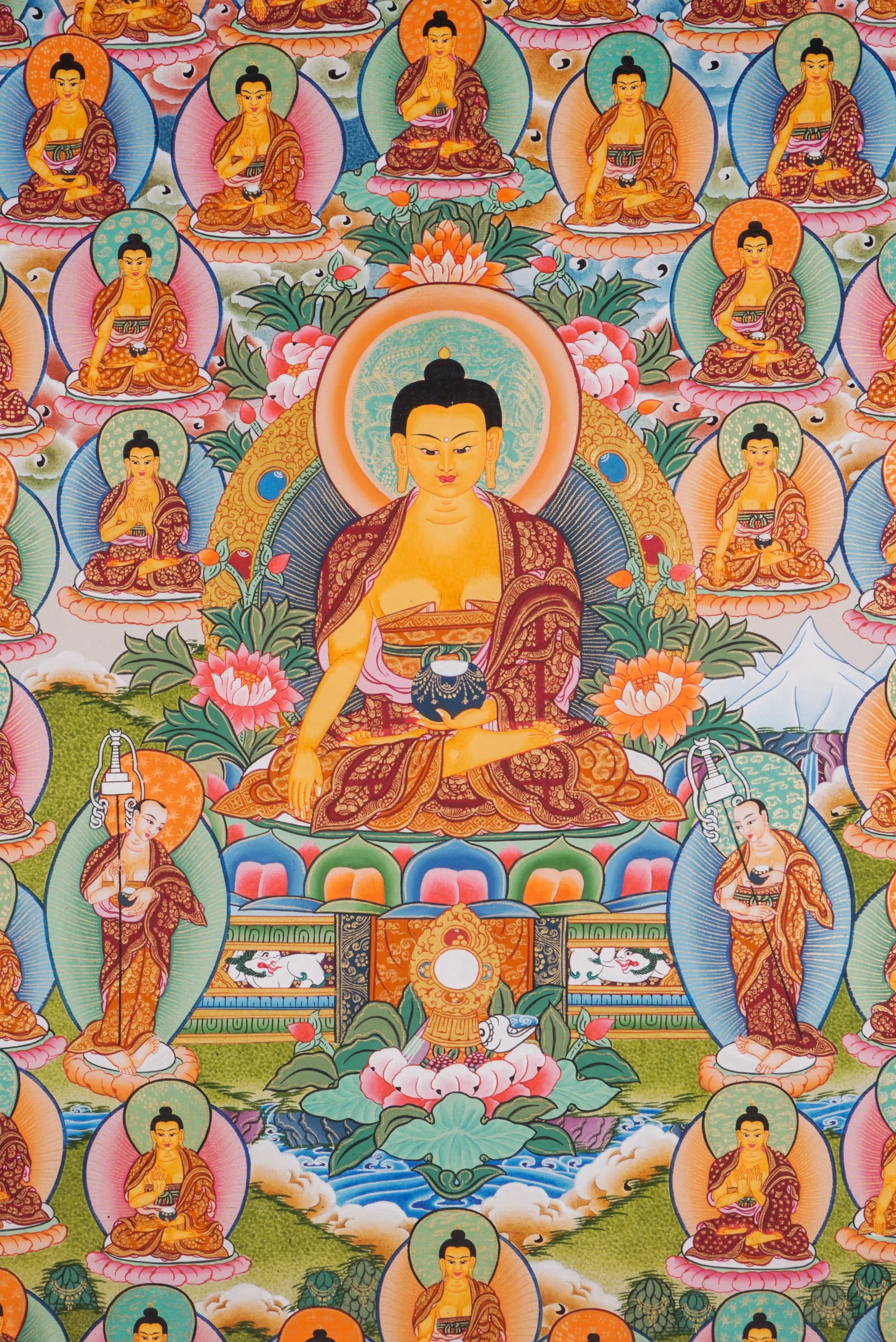 A sacred thangka art of 35 Buddha Buddha’s dedicated efforts to bring enlightenment, Handpainted in Nepal.