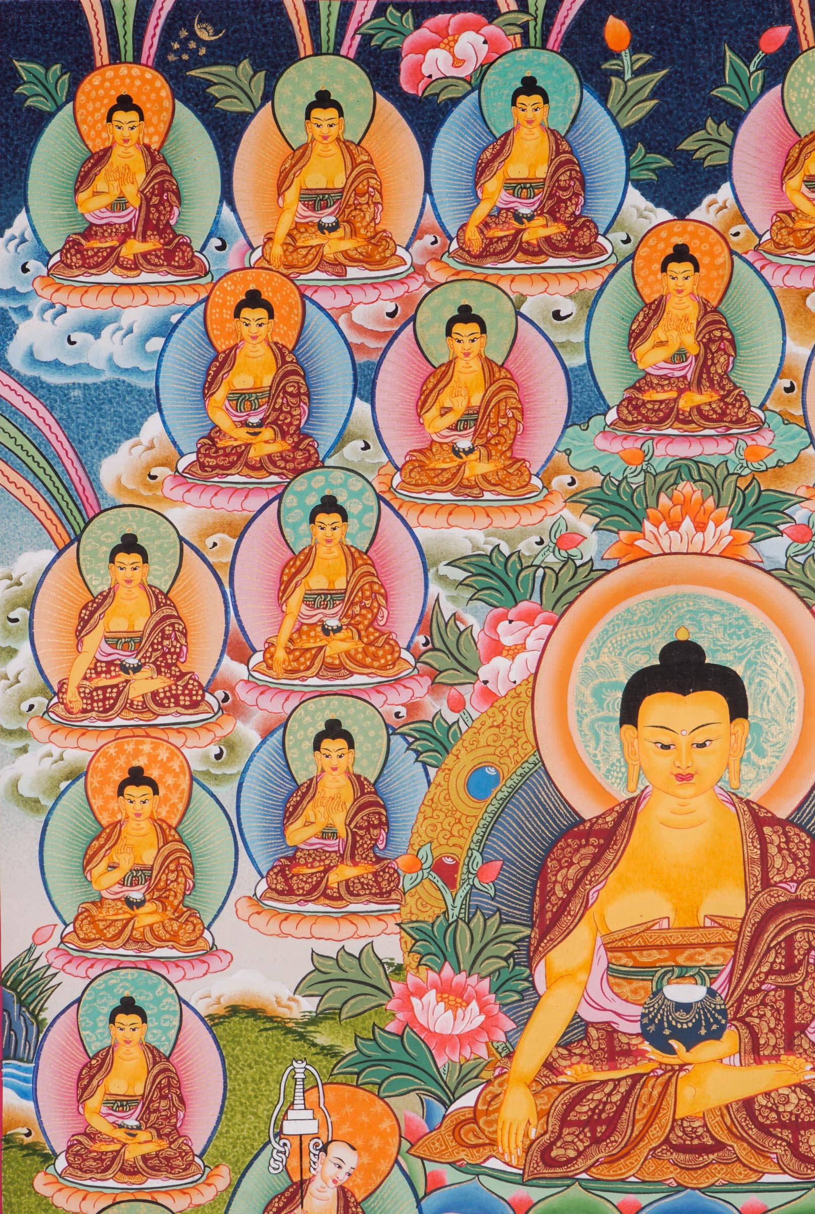 A sacred thangka art of 35 Buddha Buddha’s dedicated efforts to bring enlightenment, Handpainted in Nepal.