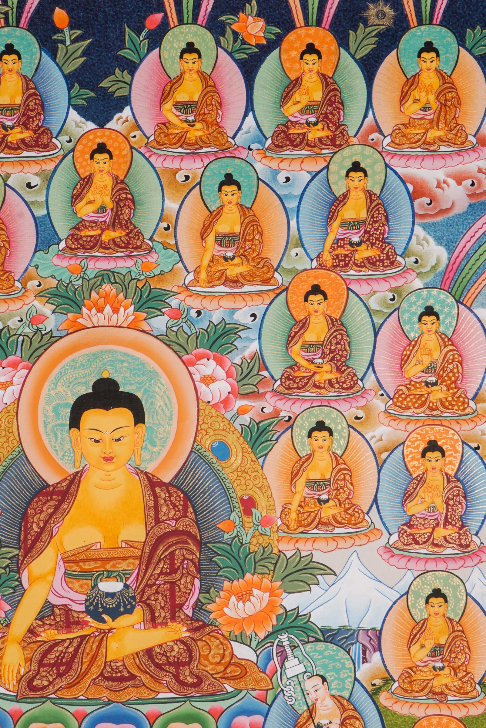 A sacred thangka art of 35 Buddha Buddha’s dedicated efforts to bring enlightenment, Handpainted in Nepal.