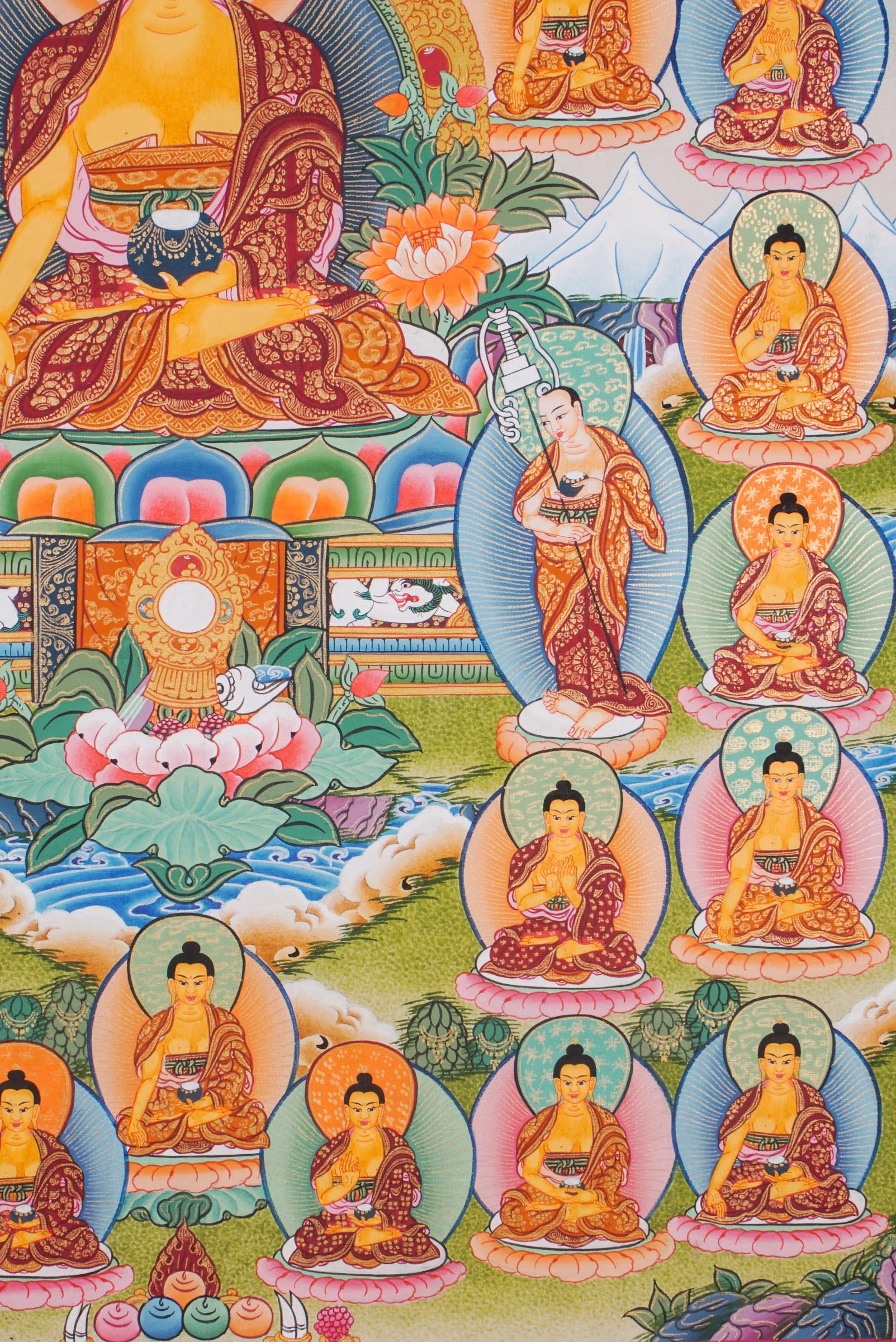 A sacred thangka art of 35 Buddha Buddha’s dedicated efforts to bring enlightenment, Handpainted in Nepal.