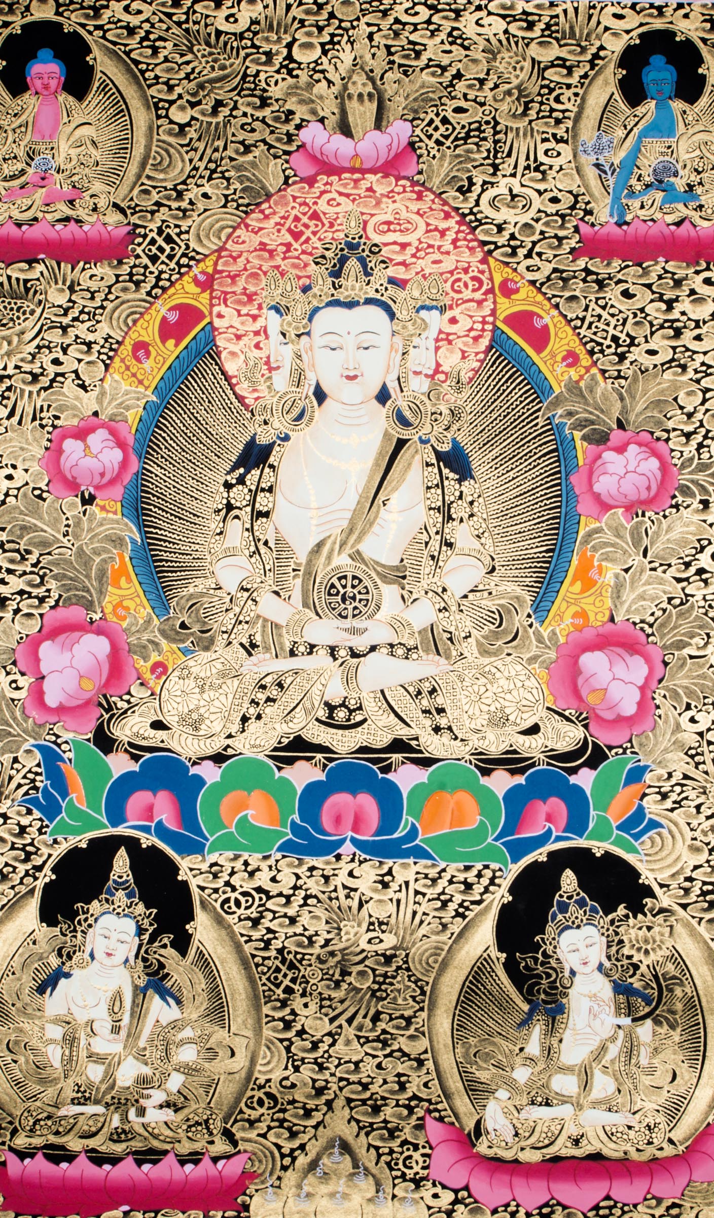 Hand-painted three-faced Vairocana Buddha thangka with 24k gold detailing seated in meditation with serene white form and sacred ornaments.
