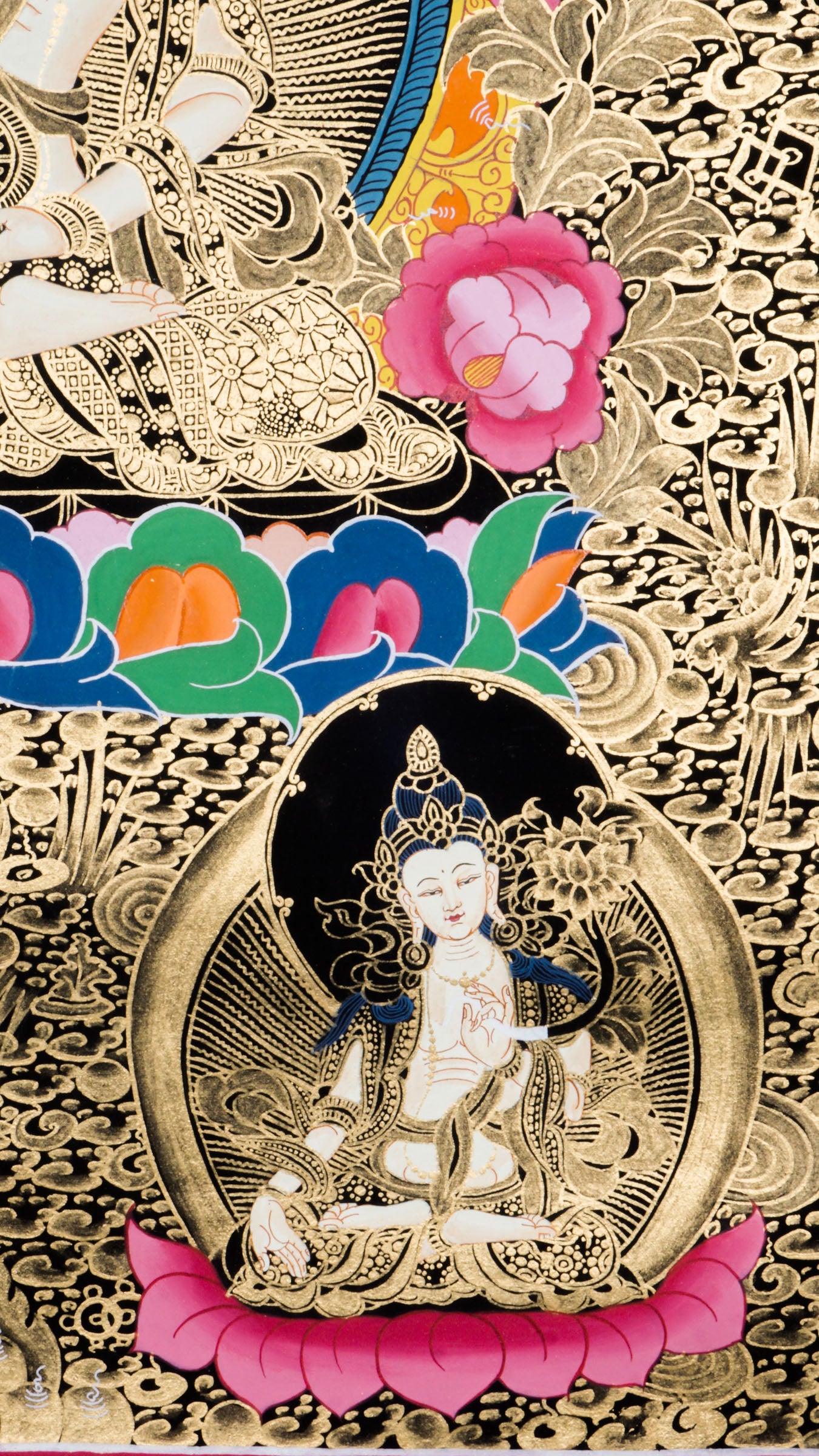 Hand-painted three-faced Vairocana Buddha thangka with 24k gold detailing seated in meditation with serene white form and sacred ornaments.