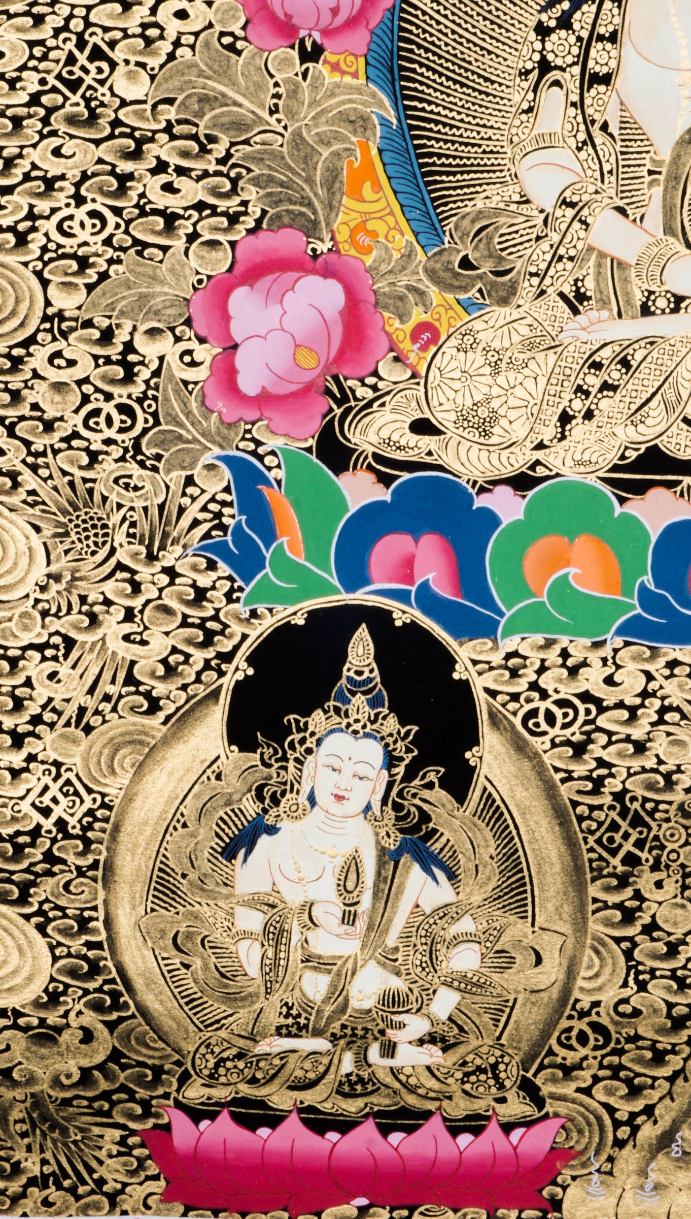 Hand-painted three-faced Vairocana Buddha thangka with 24k gold detailing seated in meditation with serene white form and sacred ornaments.