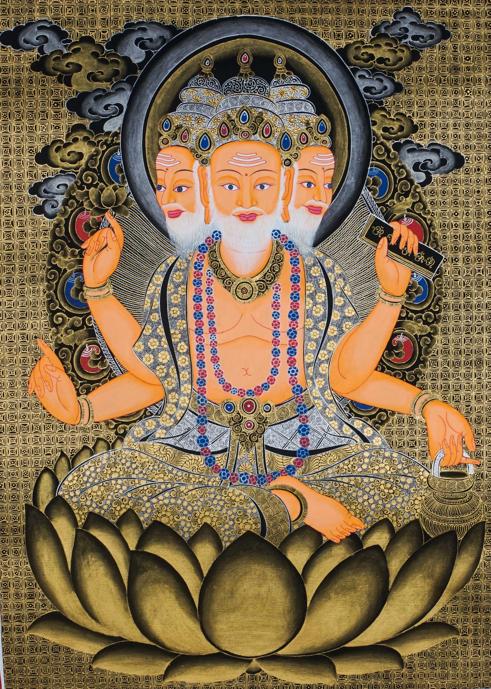 Brahma Thangka showing four-faced Hindu creator god, cosmic wisdom.