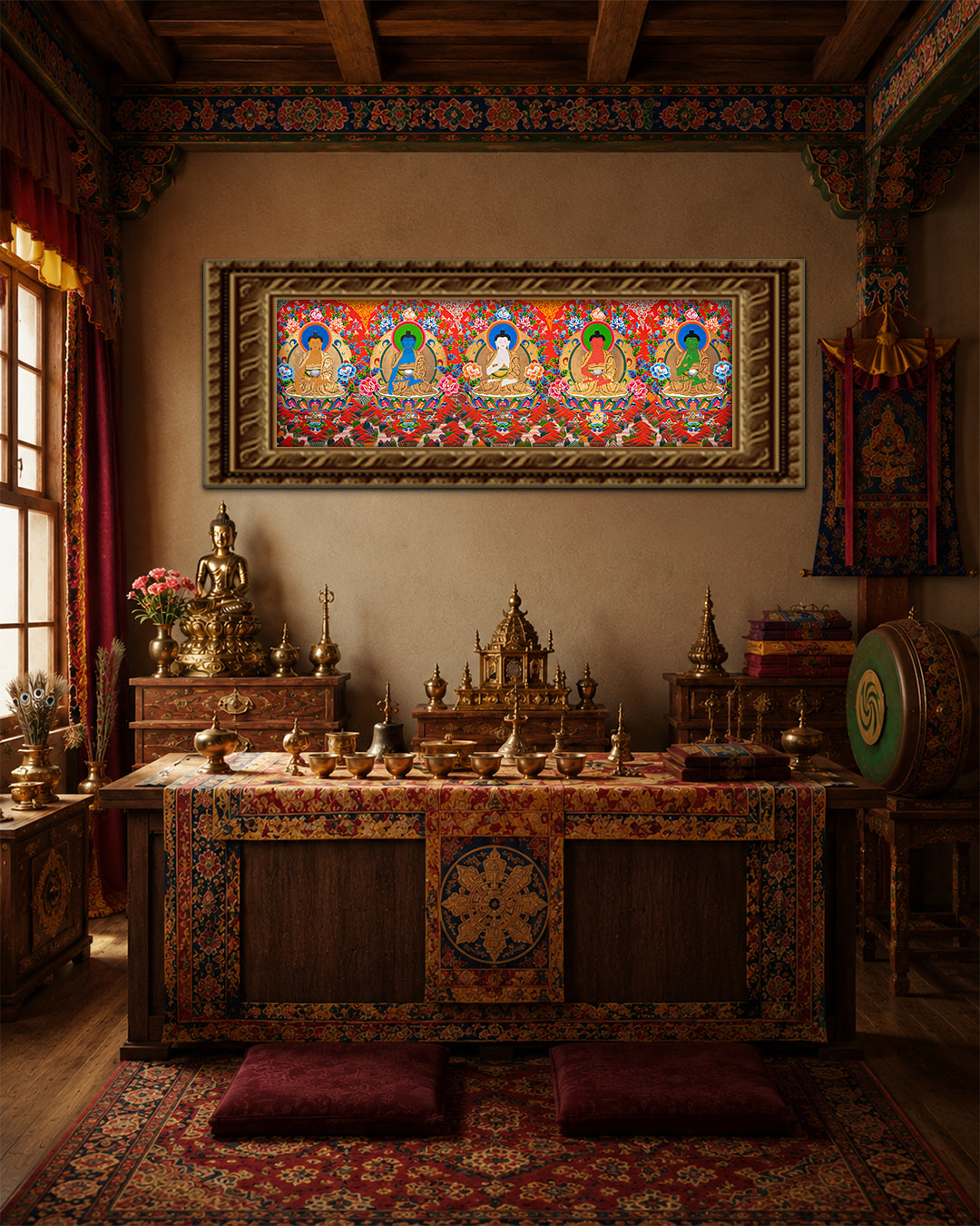 5 Dhyani Buddha Thangka – Horizontal Mandala of Enlightened Wisdom and Transformation R