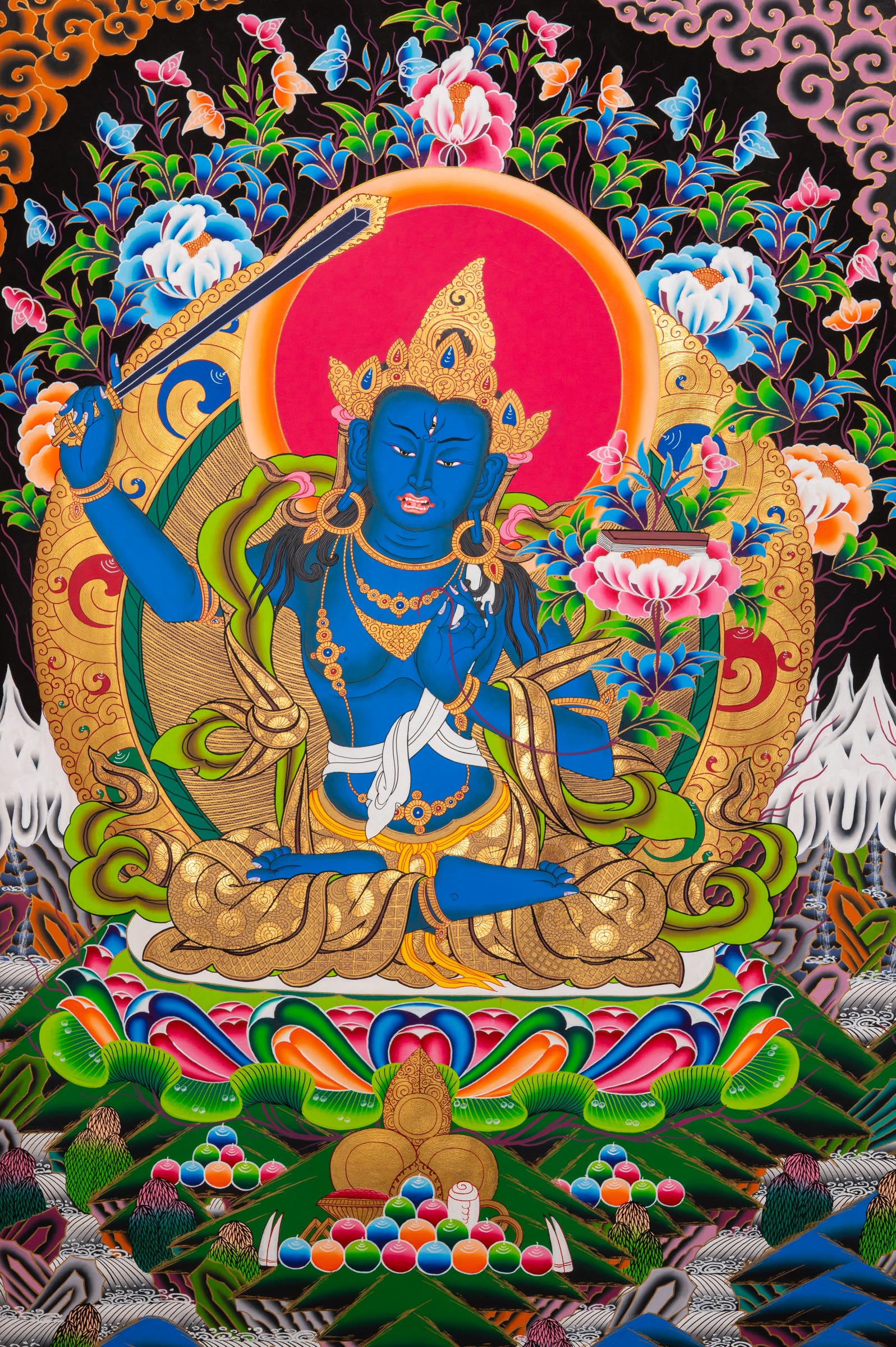 Manjushree (Tesro) Thangka -  a meticulously hand-painted artwork