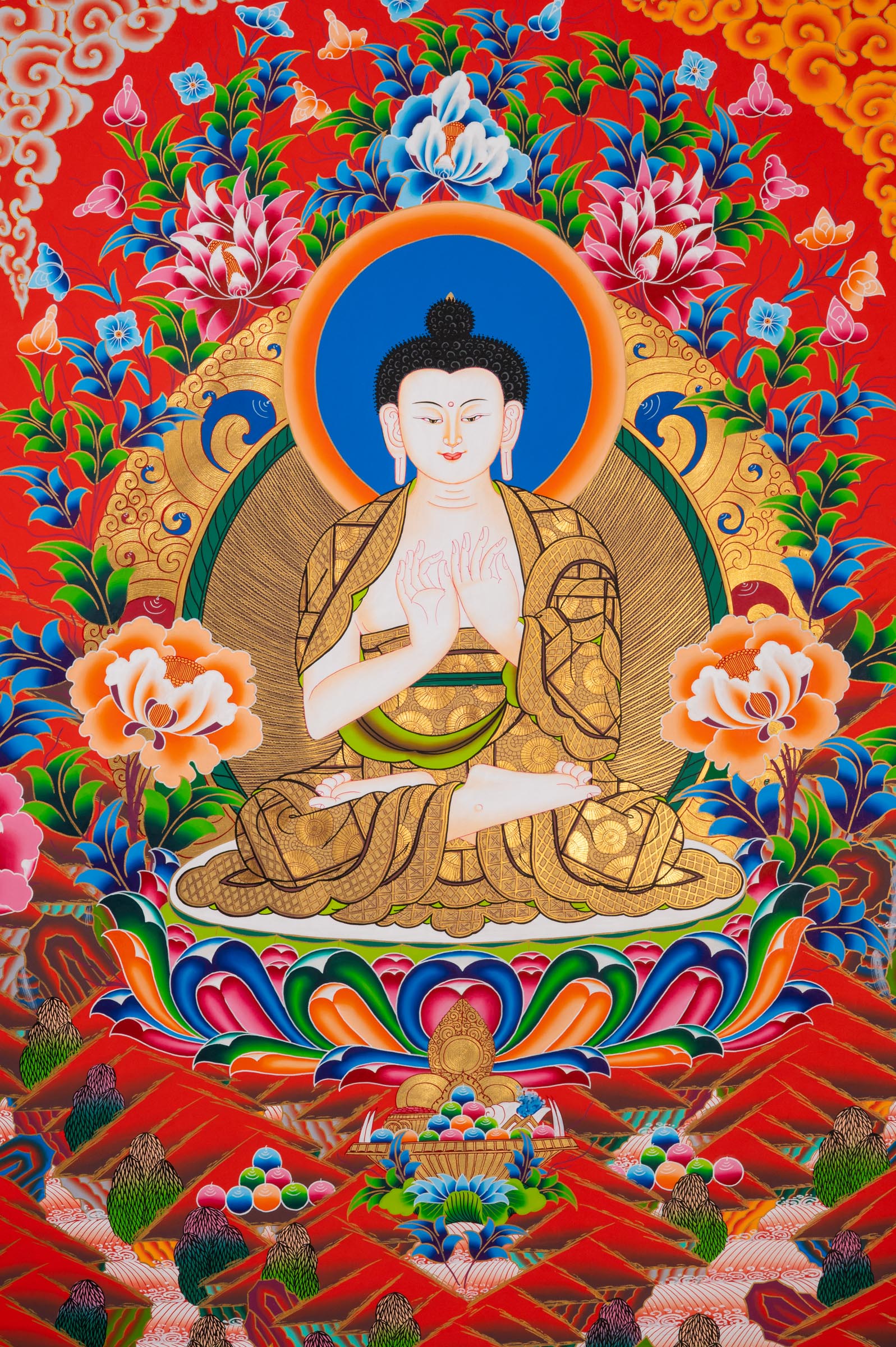 Five Dhyani Buddhas Thangka depicting Vairocana, Akshobhya, Ratnasambhava, Amitabha, and Amoghasiddhi seated on lotus thrones, symbolizing the five wisdoms in traditional hand-painted Tibetan Buddhist art.