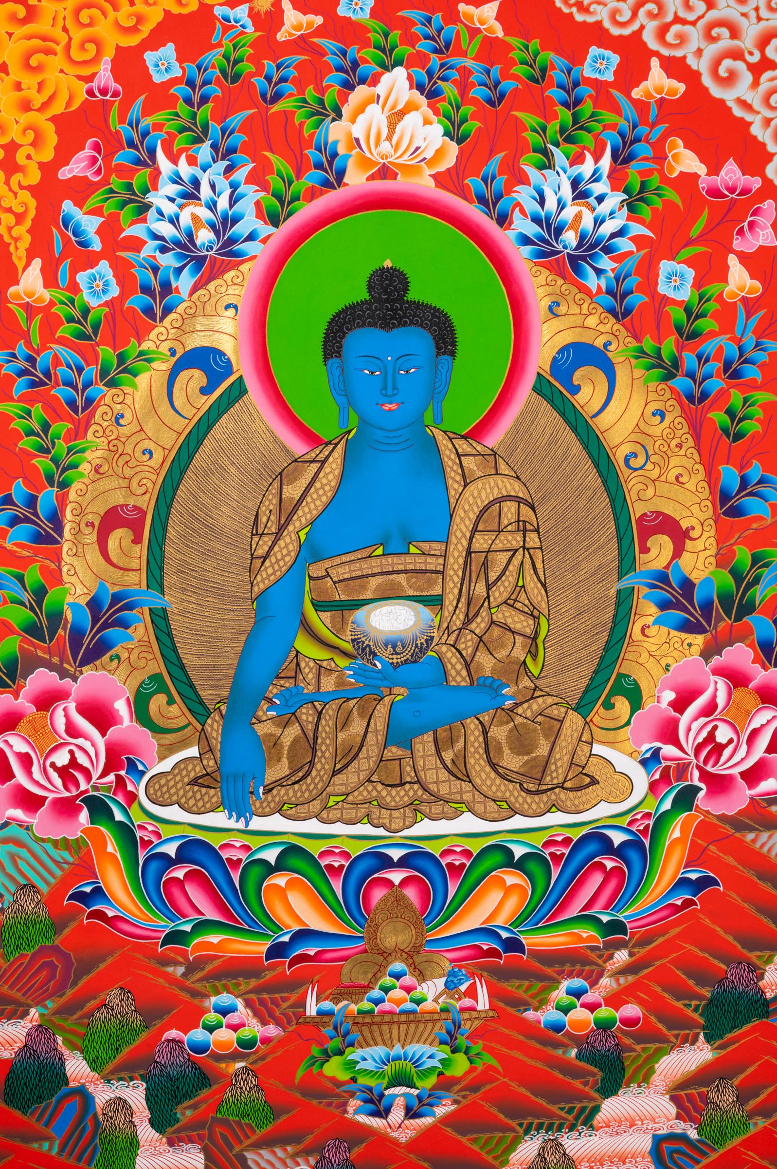 Five Dhyani Buddhas Thangka depicting Vairocana, Akshobhya, Ratnasambhava, Amitabha, and Amoghasiddhi seated on lotus thrones, symbolizing the five wisdoms in traditional hand-painted Tibetan Buddhist art.