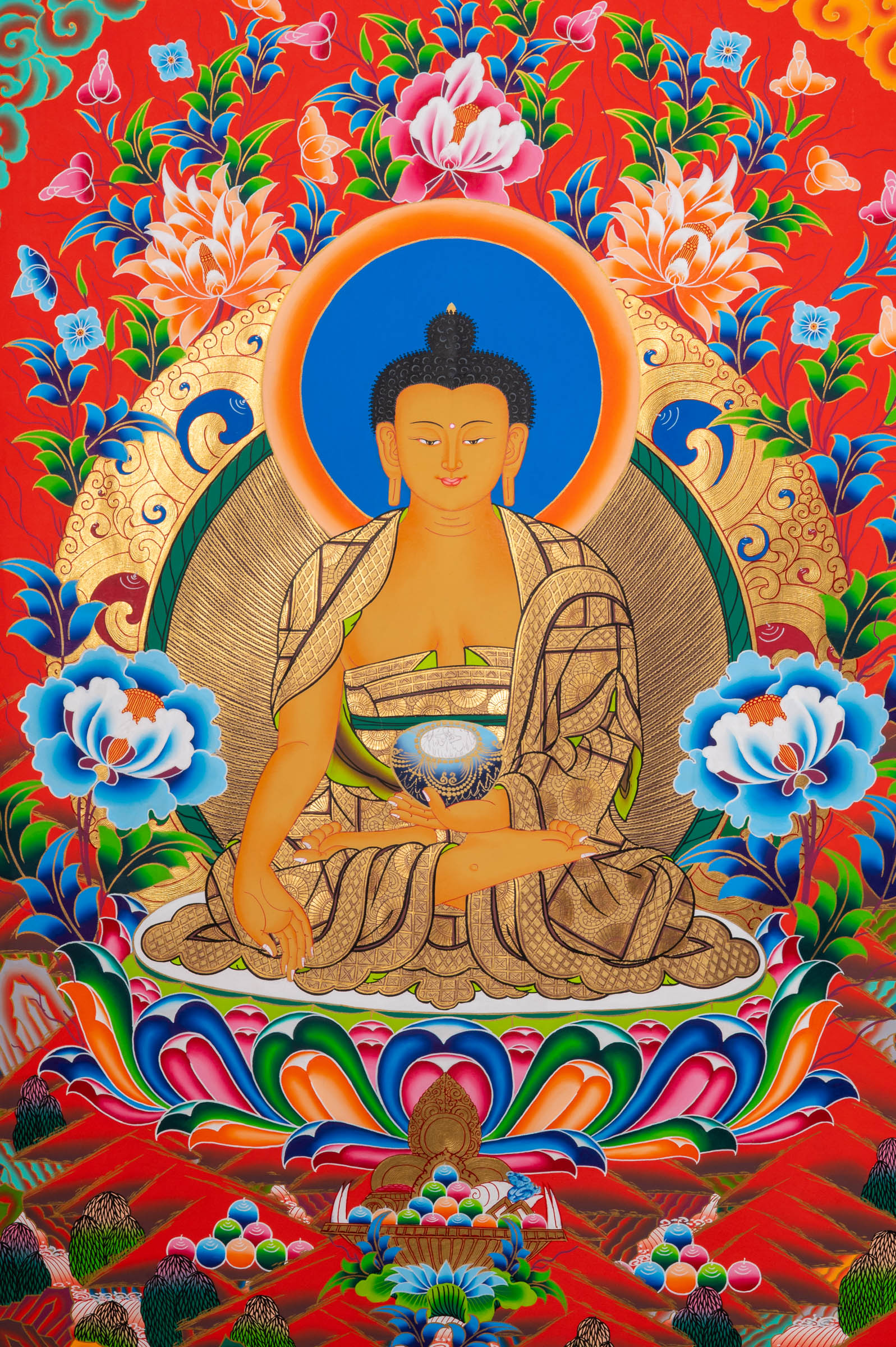 Five Dhyani Buddhas Thangka depicting Vairocana, Akshobhya, Ratnasambhava, Amitabha, and Amoghasiddhi seated on lotus thrones, symbolizing the five wisdoms in traditional hand-painted Tibetan Buddhist art.