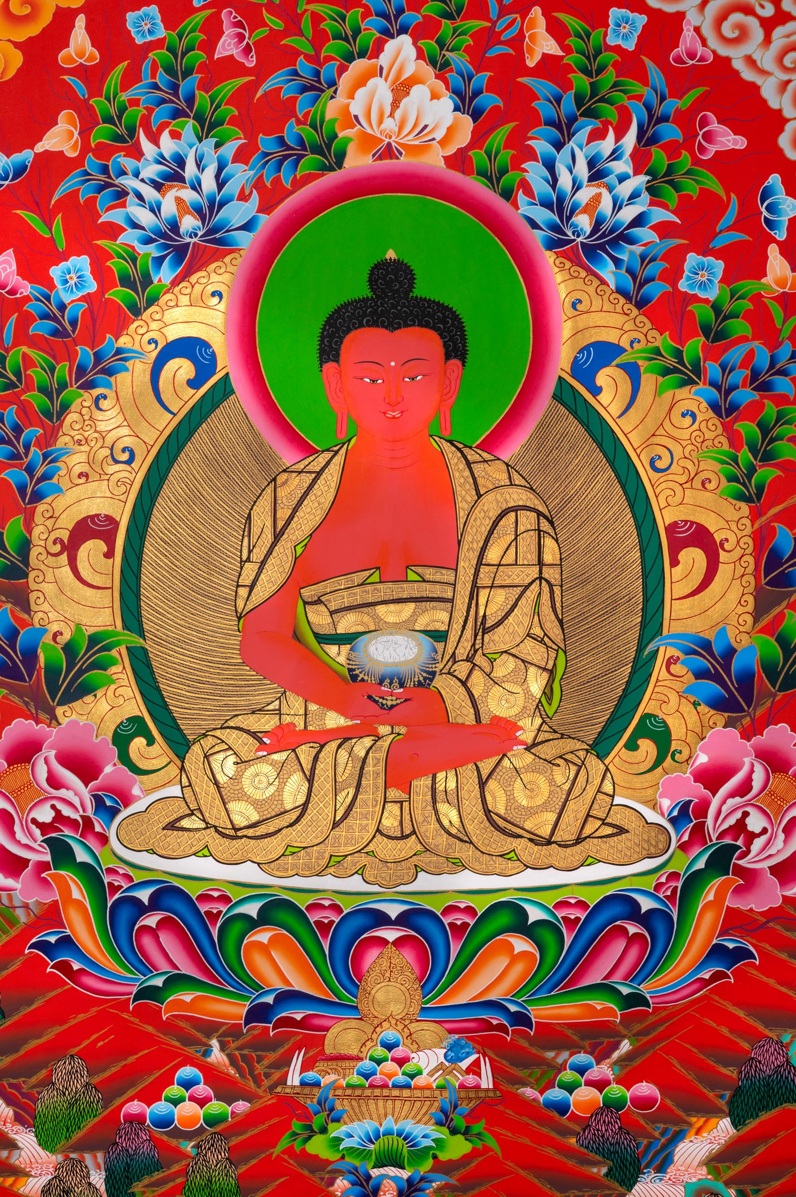 Five Dhyani Buddhas Thangka depicting Vairocana, Akshobhya, Ratnasambhava, Amitabha, and Amoghasiddhi seated on lotus thrones, symbolizing the five wisdoms in traditional hand-painted Tibetan Buddhist art.