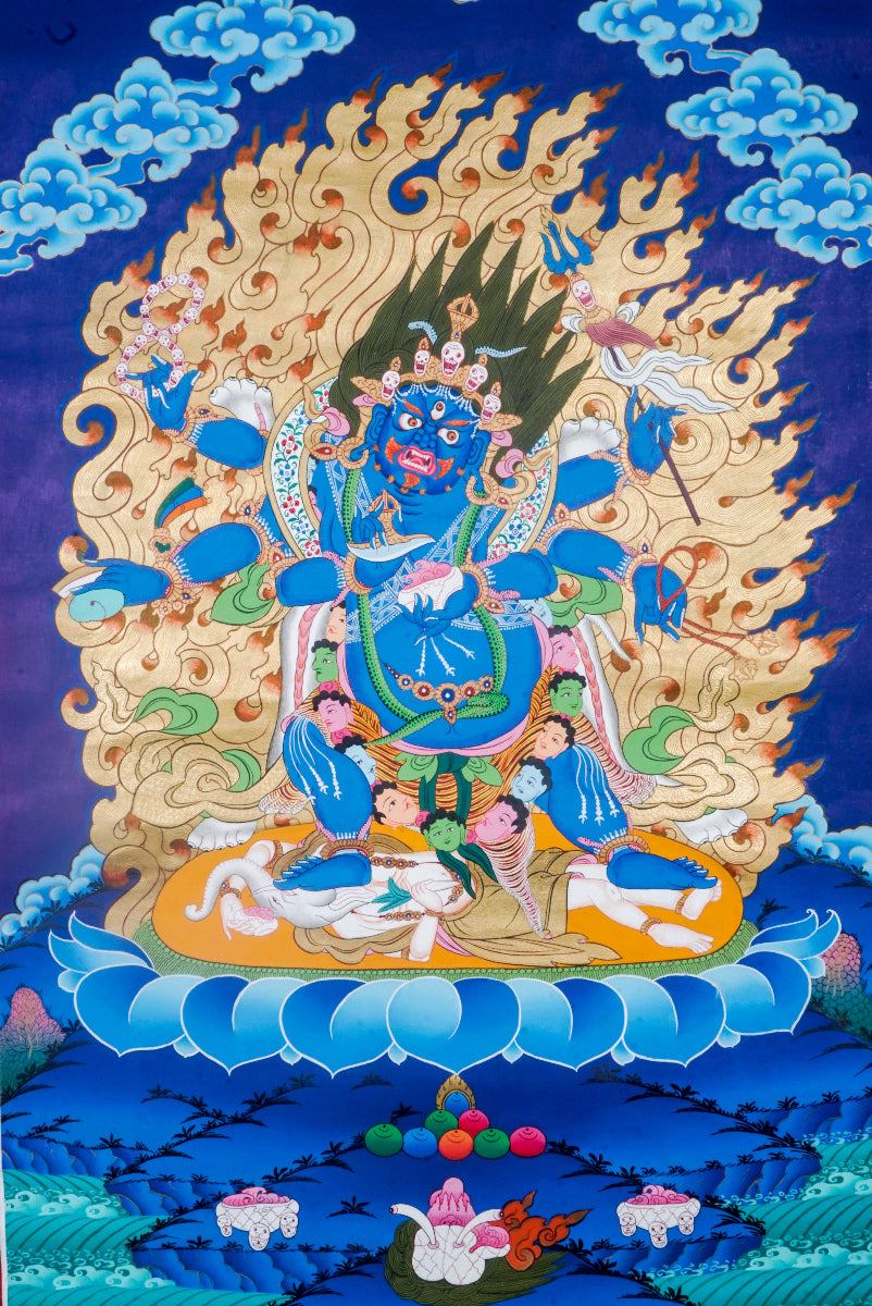 The Six-Hand Mahakala Thangka depicts a fierce guardian deity in Tibetan Buddhism, known for destroying obstacles and protecting spiritual seekers. Hand-painted with natural pigments and gold, this artwork radiates powerful energy, offering protection, transformation, and a strong presence in any sacred space.