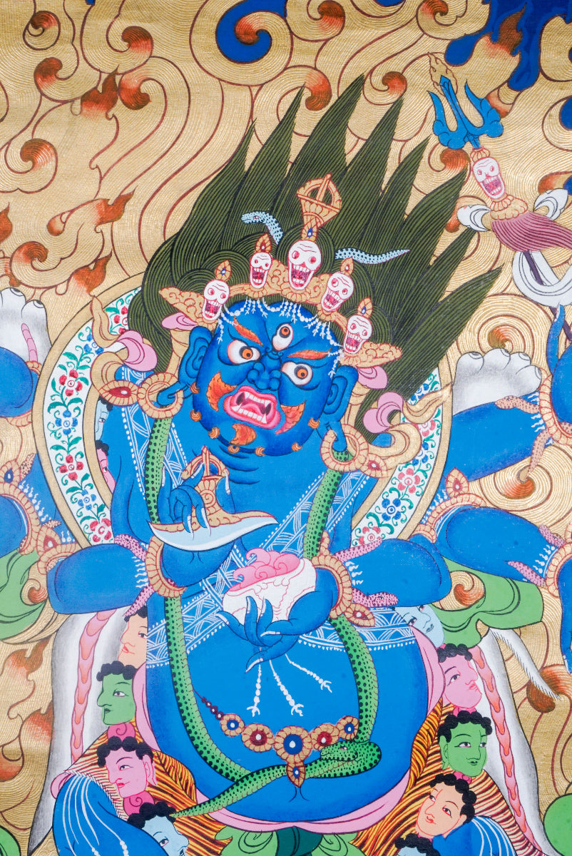 The Six-Hand Mahakala Thangka depicts a fierce guardian deity in Tibetan Buddhism, known for destroying obstacles and protecting spiritual seekers. Hand-painted with natural pigments and gold, this artwork radiates powerful energy, offering protection, transformation, and a strong presence in any sacred space.