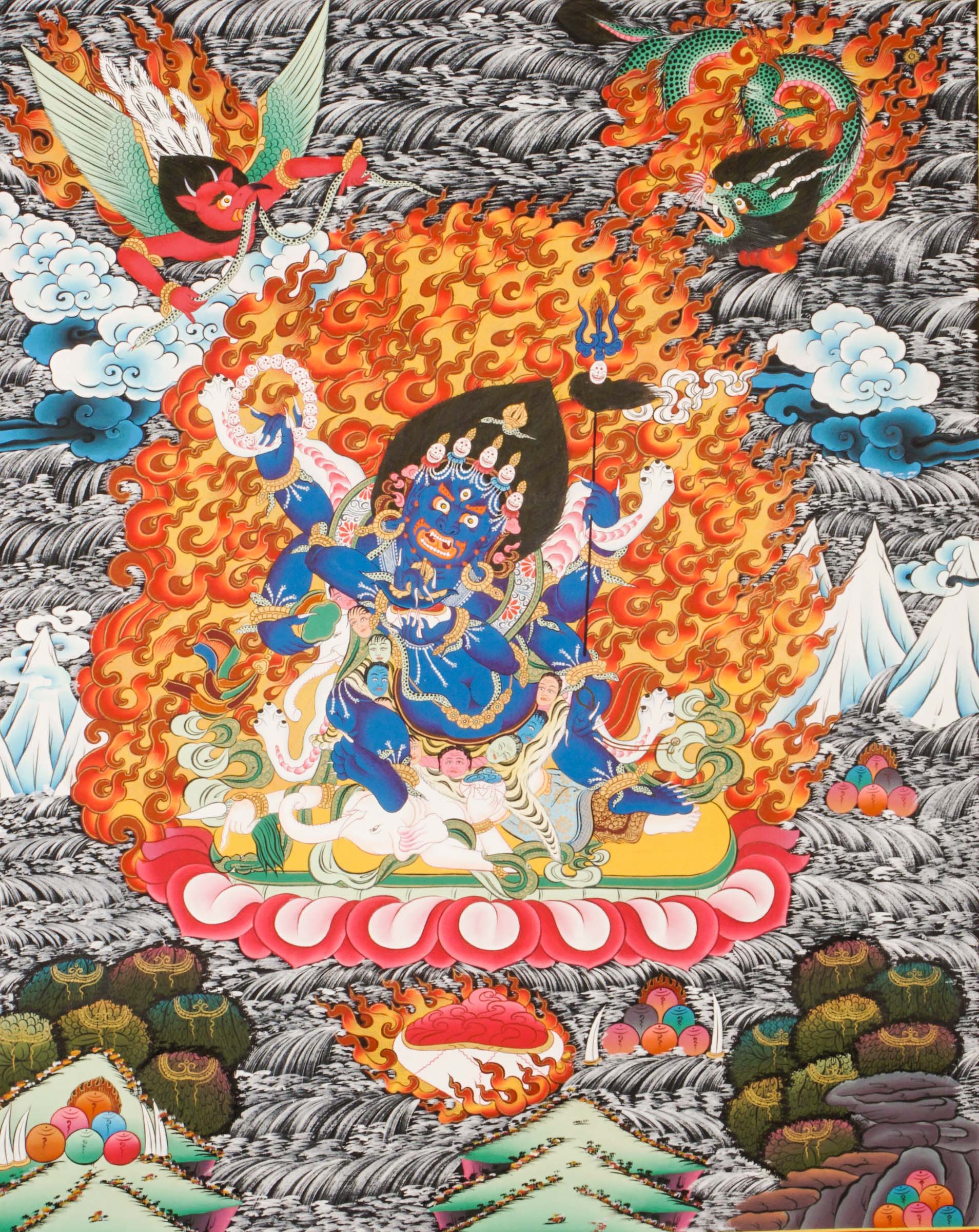 The 6-Hand Mahakala Thangka symbolizes fierce protection and obstacle removal, hand-painted with vibrant pigments and gold leaf for spiritual strength and presence.