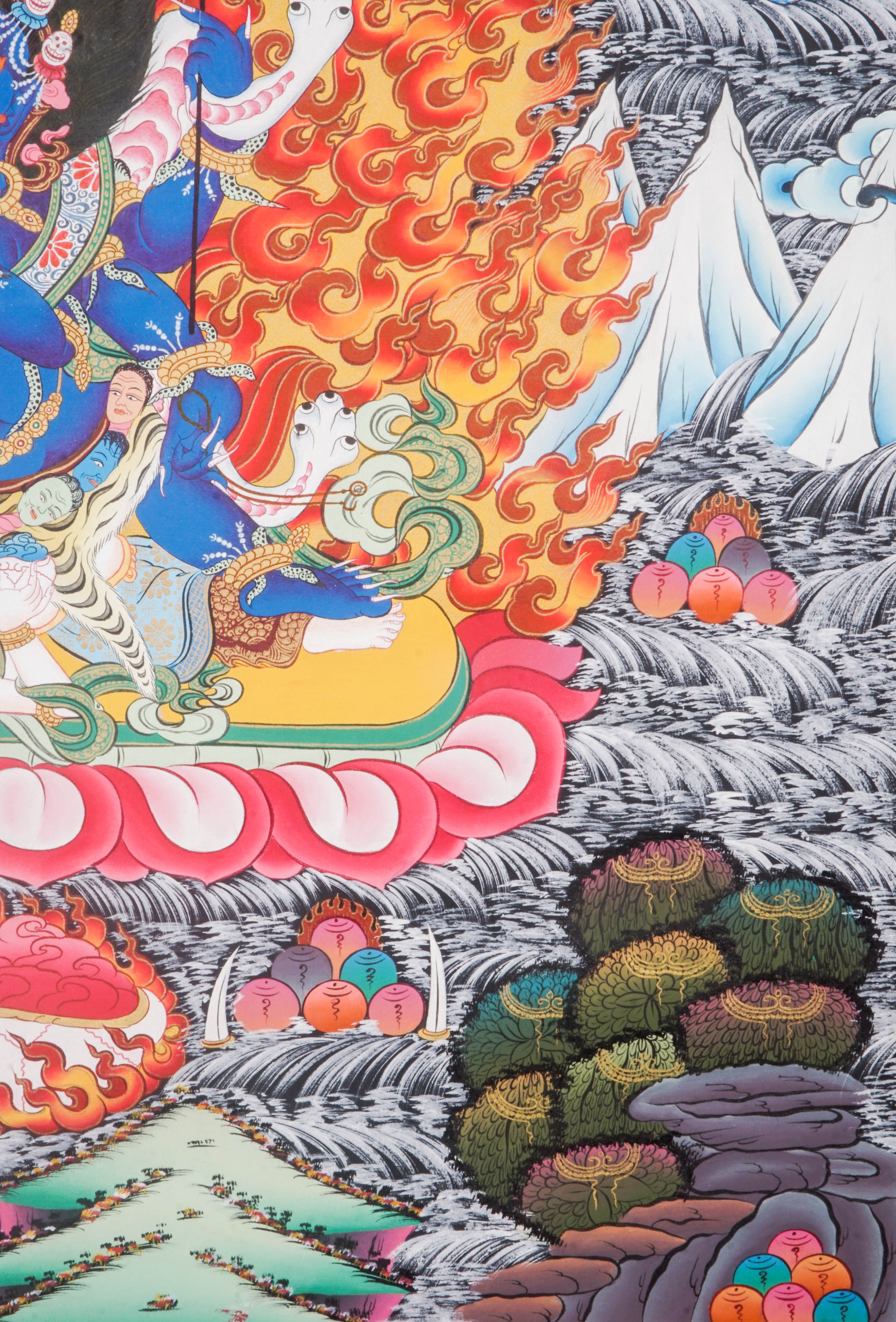 The 6-Hand Mahakala Thangka symbolizes fierce protection and obstacle removal, hand-painted with vibrant pigments and gold leaf for spiritual strength and presence.