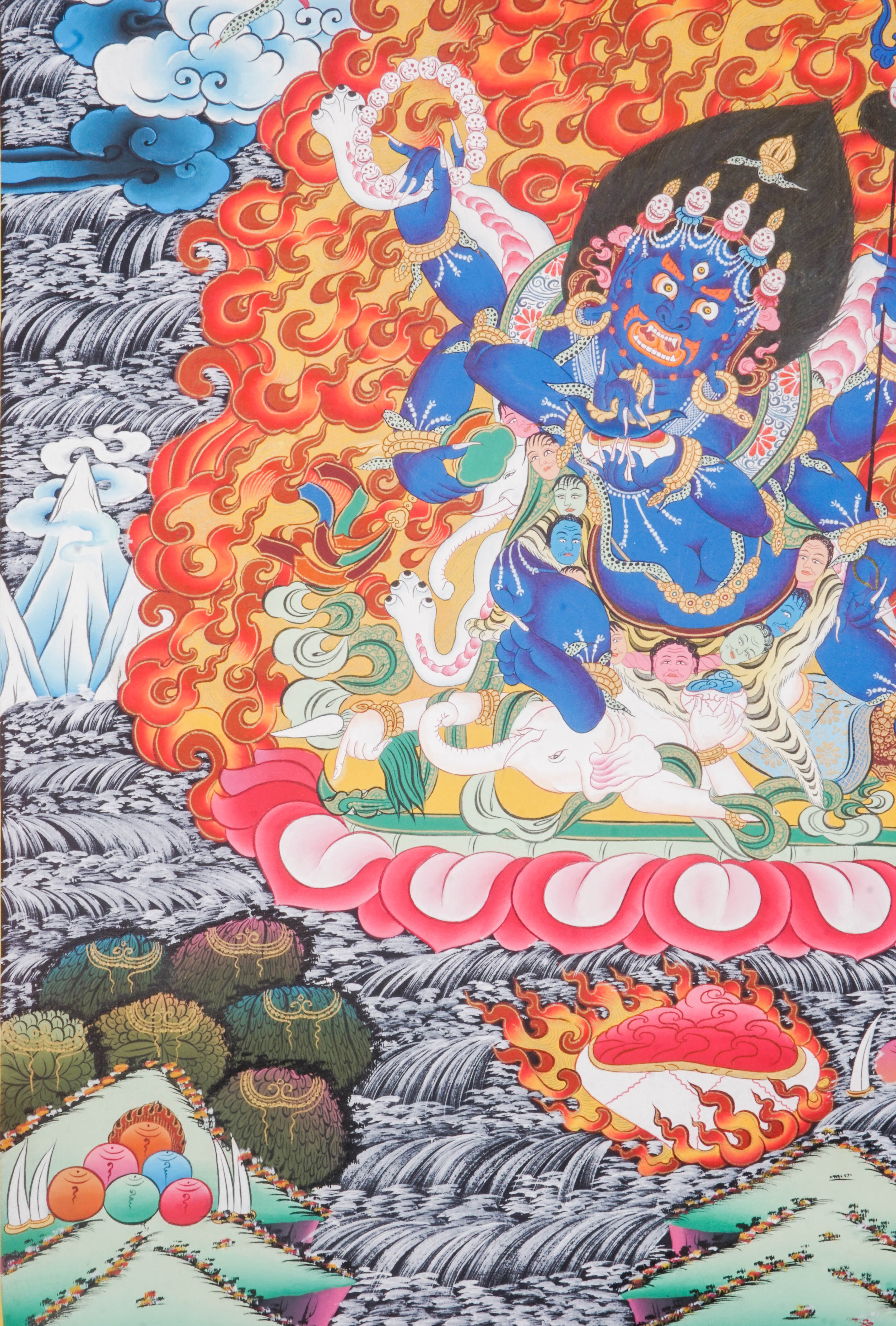 The 6-Hand Mahakala Thangka symbolizes fierce protection and obstacle removal, hand-painted with vibrant pigments and gold leaf for spiritual strength and presence.
