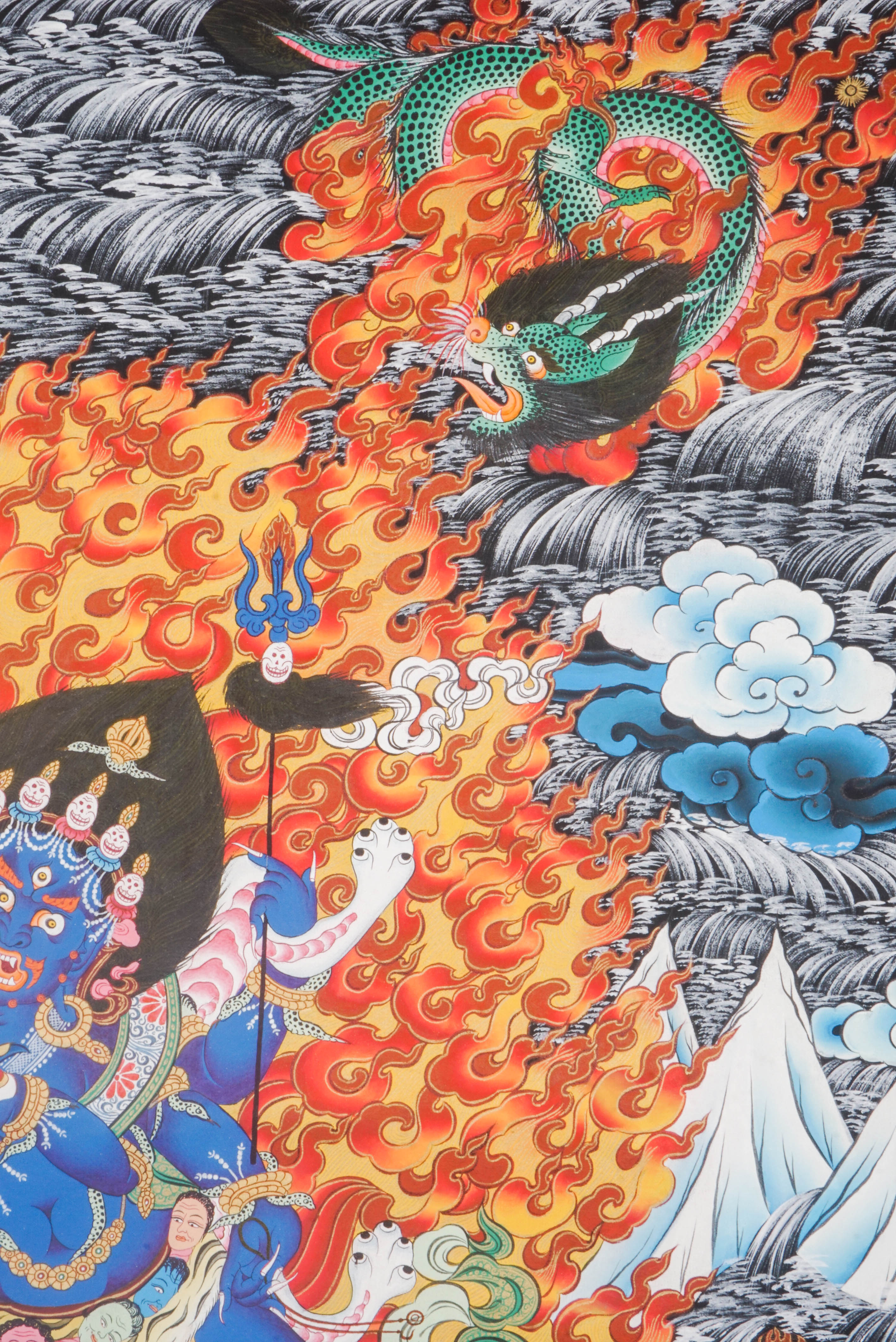 The 6-Hand Mahakala Thangka symbolizes fierce protection and obstacle removal, hand-painted with vibrant pigments and gold leaf for spiritual strength and presence.
