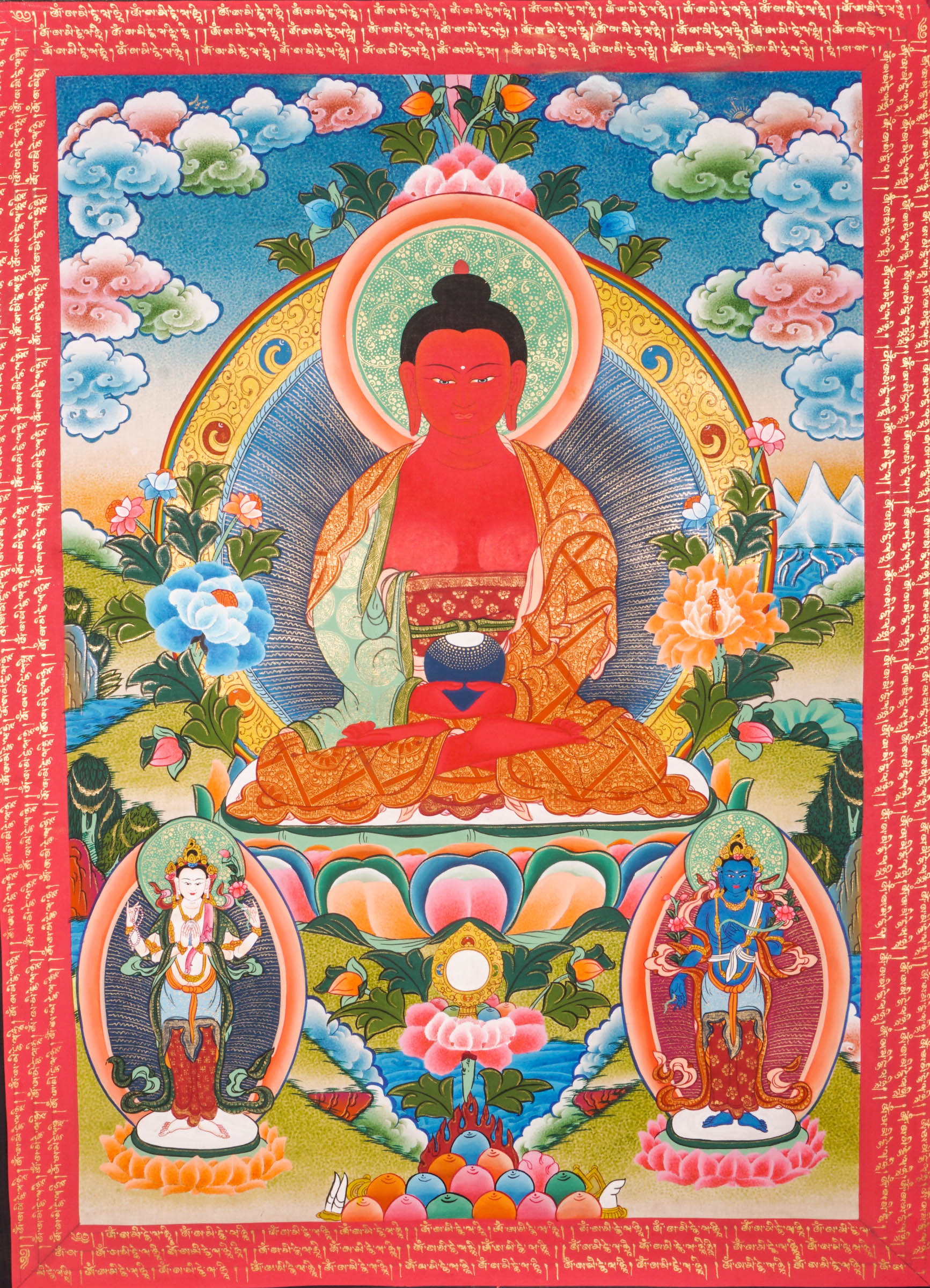 A sacred Amitabha Buddha thangka - The red color Buddha of Long life with the Mantra blessed on the Thangka art