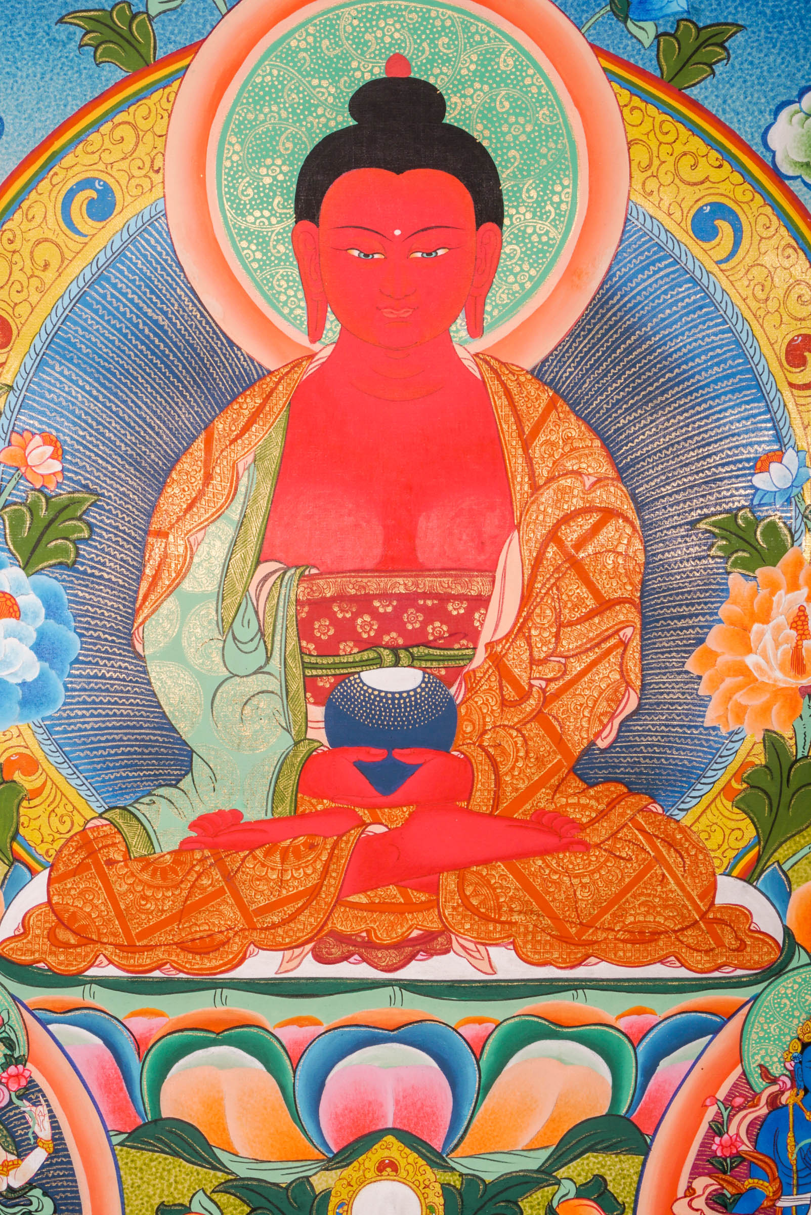 A sacred Amitabha Buddha thangka painting seated peacefully on a vivid lotus throne.