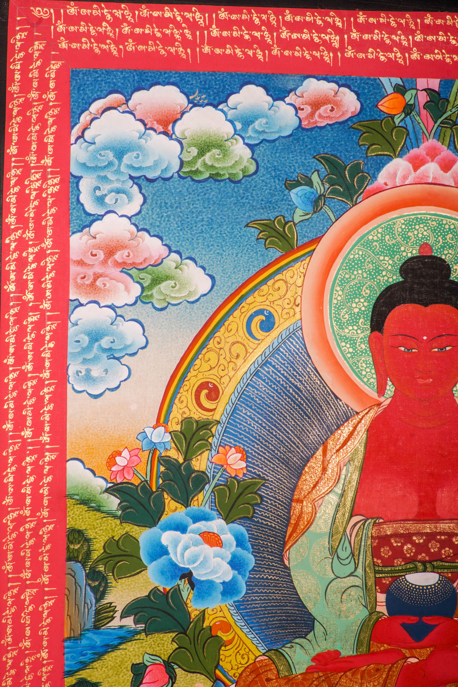 A sacred Amitabha Buddha thangka - The red color Buddha of Long life with the Mantra blessed on the Thangka art