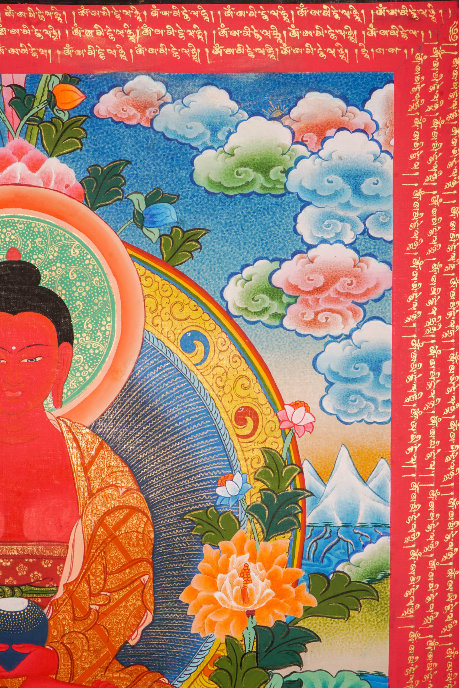 A sacred Amitabha Buddha thangka - The red color Buddha of Long life with the Mantra blessed on the Thangka art
