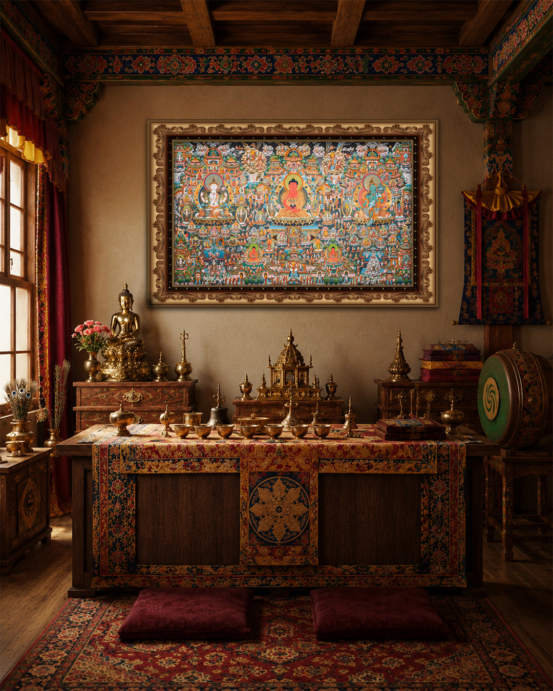 Amitabha Buddha Thangka – Infinite Light with Green Tara and Chenrezig
