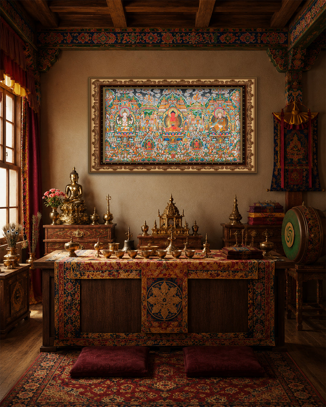 Amitabha Buddha Thangka – Infinite Light with Padmasambhava and Chenrezig