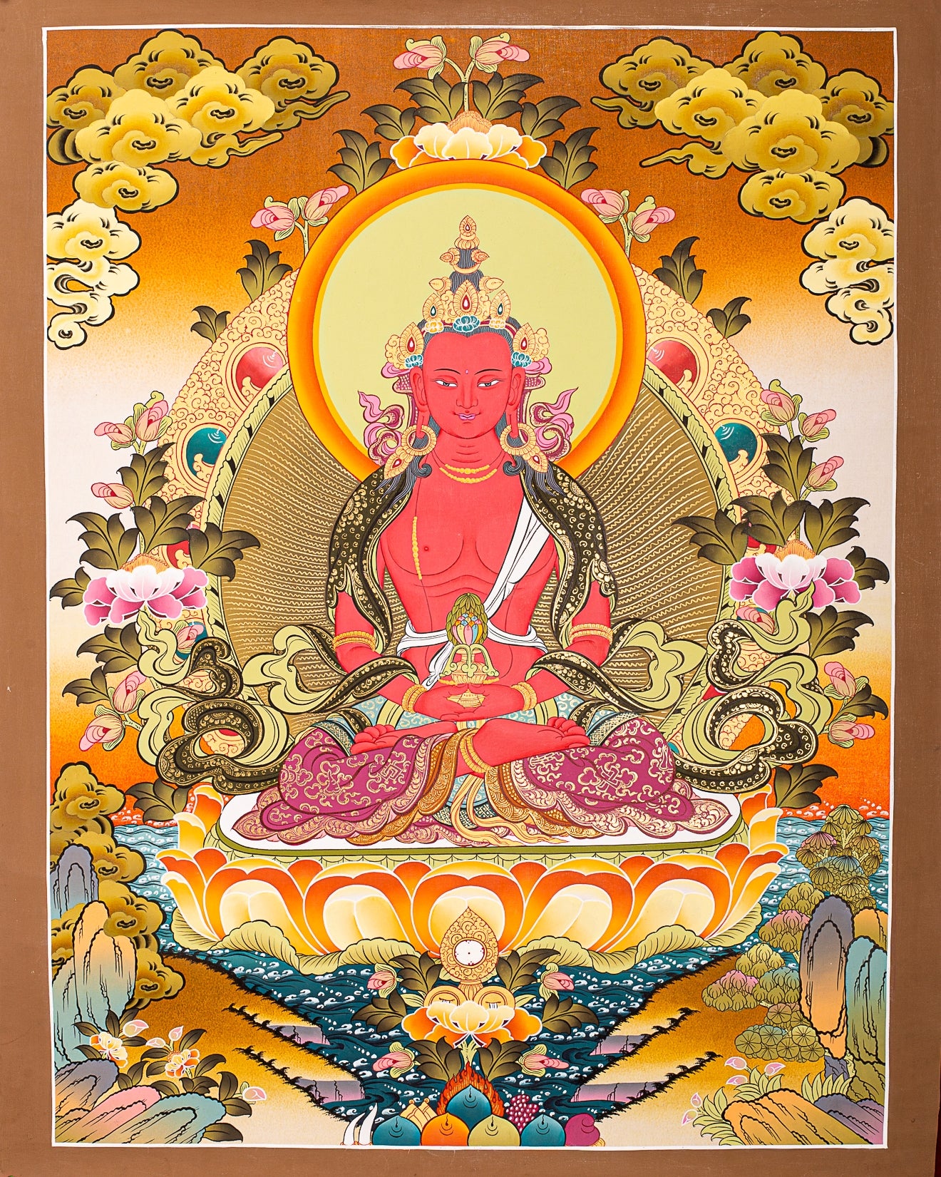 An intricately painted thangka depicting Amitayus Buddha, adorned in vibrant colors and detailed symbolism. 