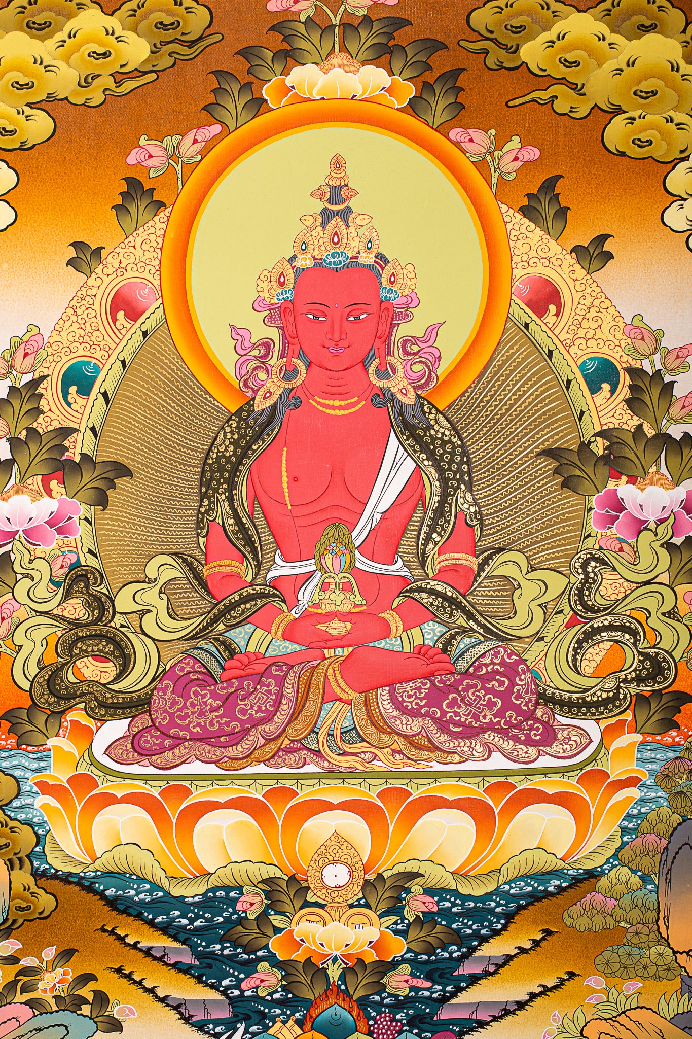 An intricately painted thangka depicting Amitayus Buddha, adorned in vibrant colors and detailed symbolism. 