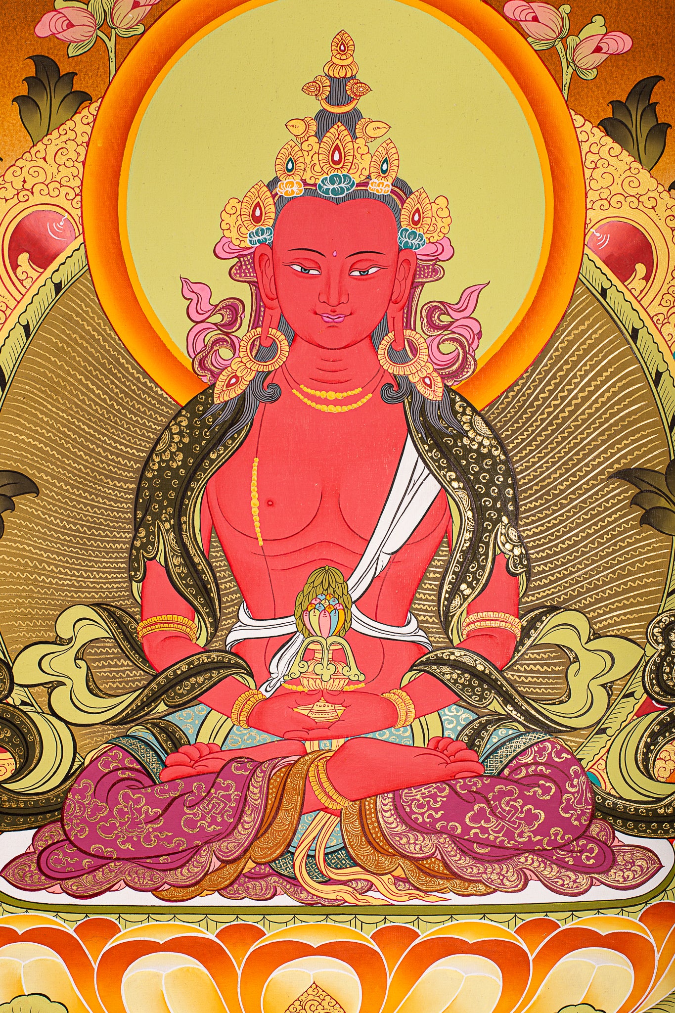 The Buddha sits in a meditative posture, radiating compassion and enlightenment.